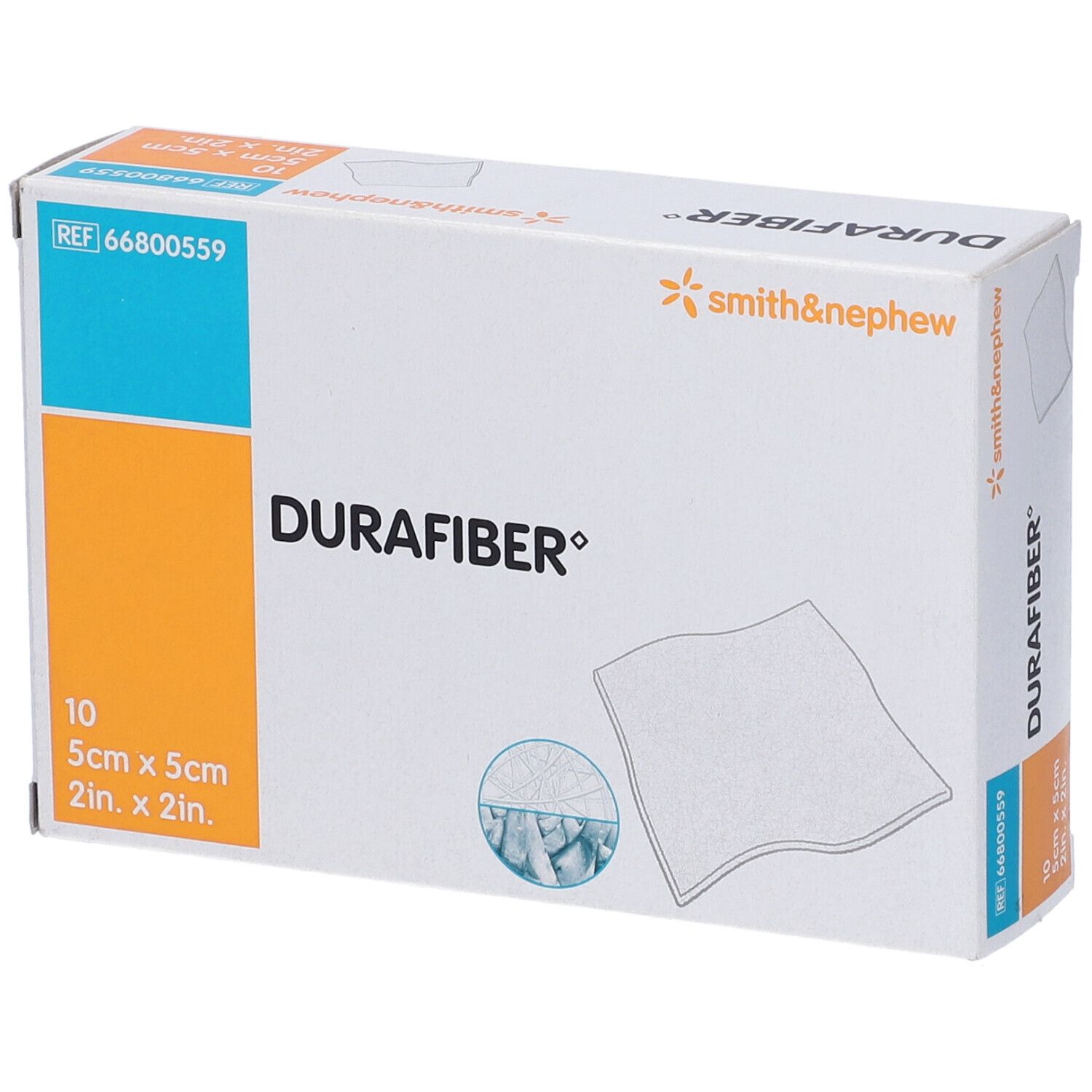 Confezione Durafiber, 10 pezzi, 5cm x 5cm. Marchio Smith & Nephew. Scatola bianca con immagine del prodotto.