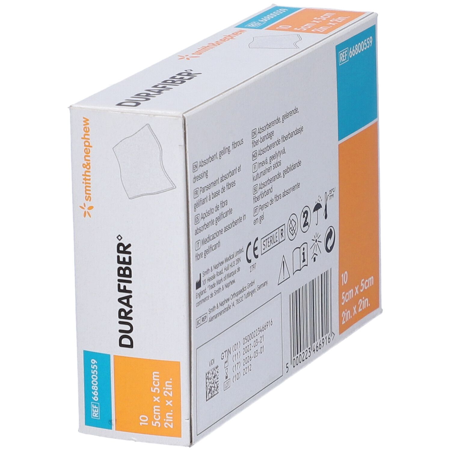 Confezione Durafiber, angolata. Contiene informazioni sul prodotto e il logo Smith & Nephew. Marcatura sterile.