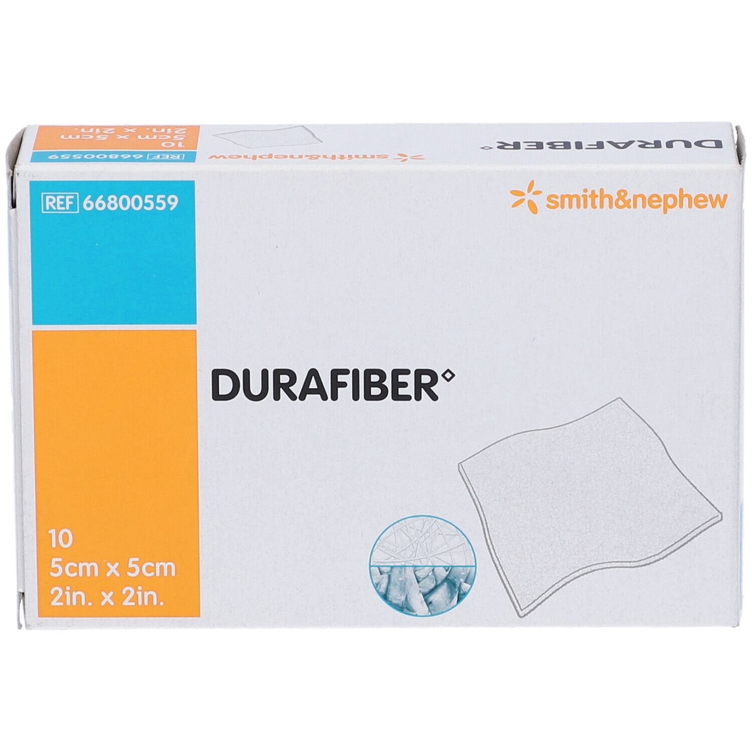 Confezione Durafiber, 10 pezzi, 5cm x 5cm. Smith & Nephew. Scatola bianca con accenti arancioni.