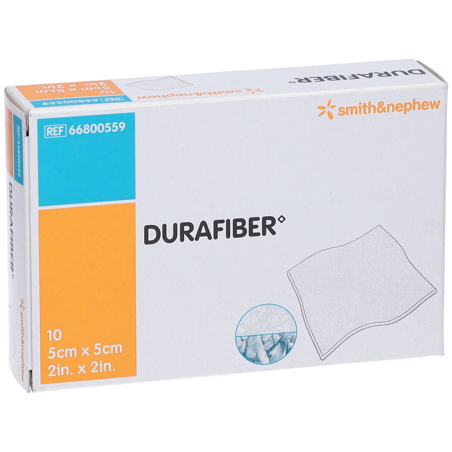 Confezione Durafiber, 10 pezzi, 5cm x 5cm. Smith & Nephew. Scatola bianca con immagine del prodotto e logo.