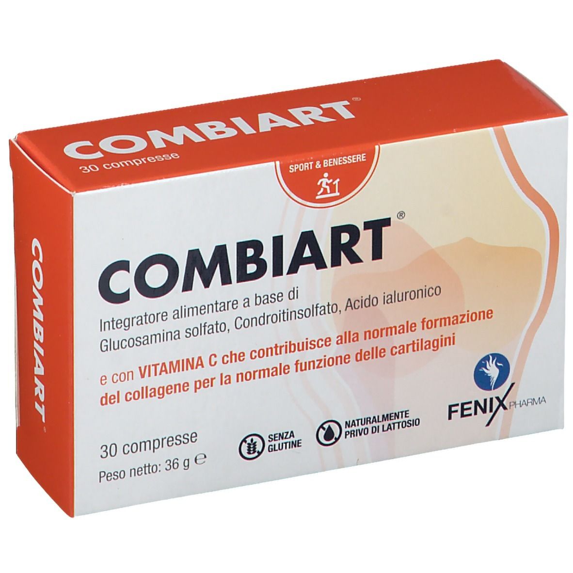 Scatola COMBIART. Confezione rossa e bianca. Contiene 30 compresse. Testo: 'Sport & Benessere'.