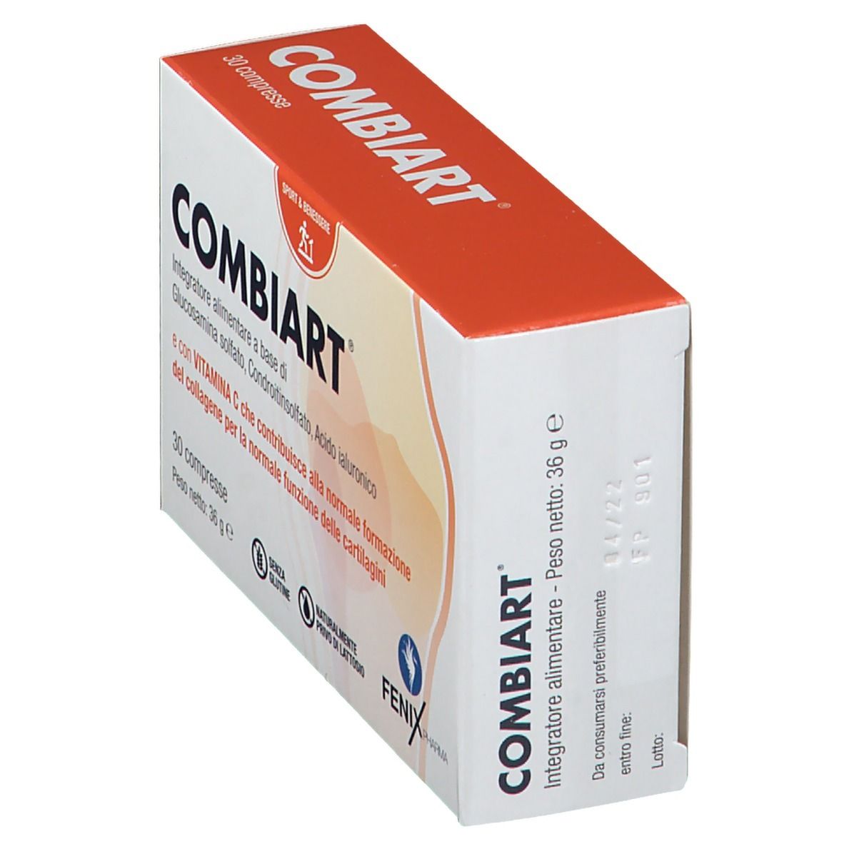 Scatola COMBIART, in diagonale. Confezione rossa e bianca. Contiene 30 compresse. Testo: 'Sport & Benessere'.