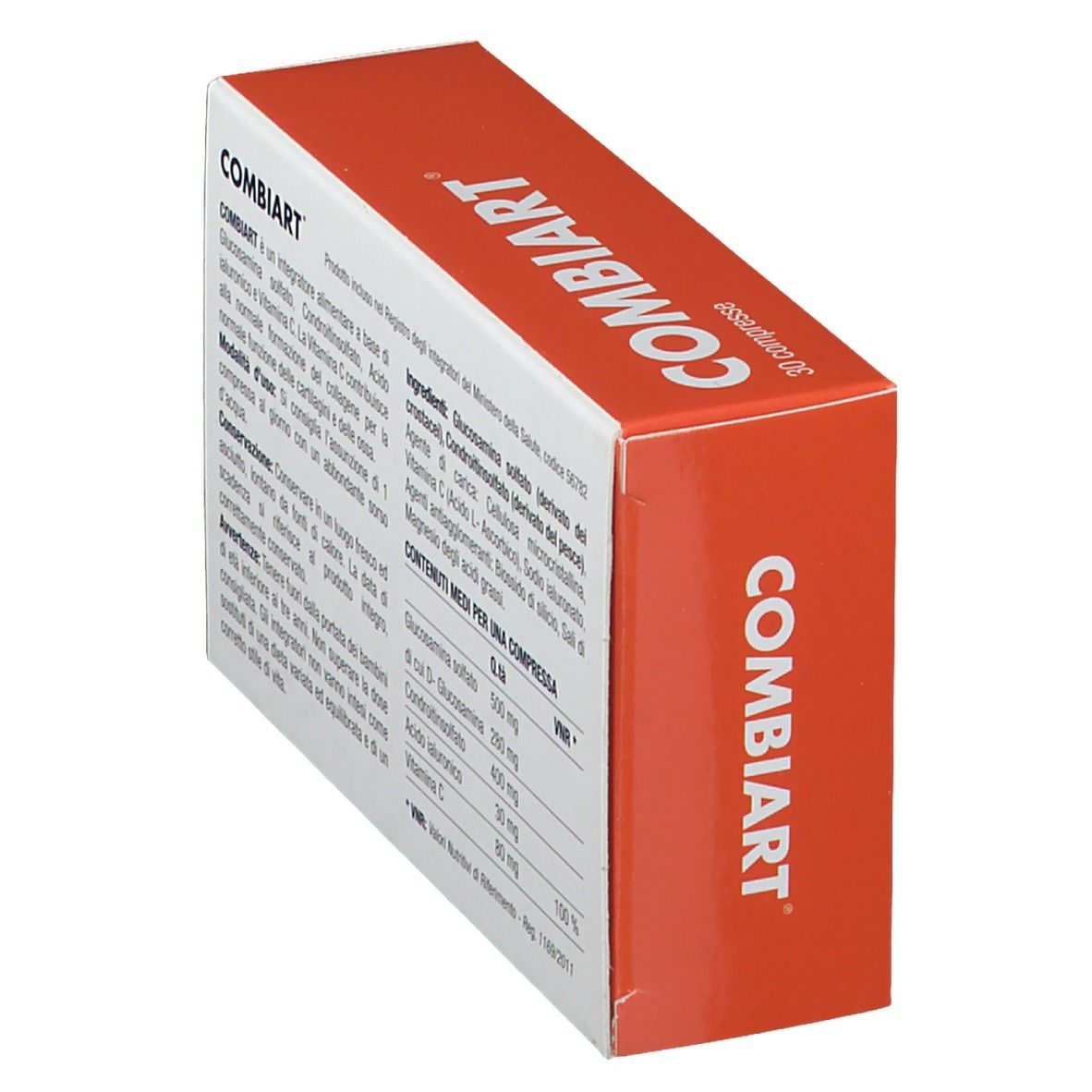 Scatola COMBIART, in diagonale. Confezione rossa e bianca. Contiene 30 compresse. Testo in italiano.