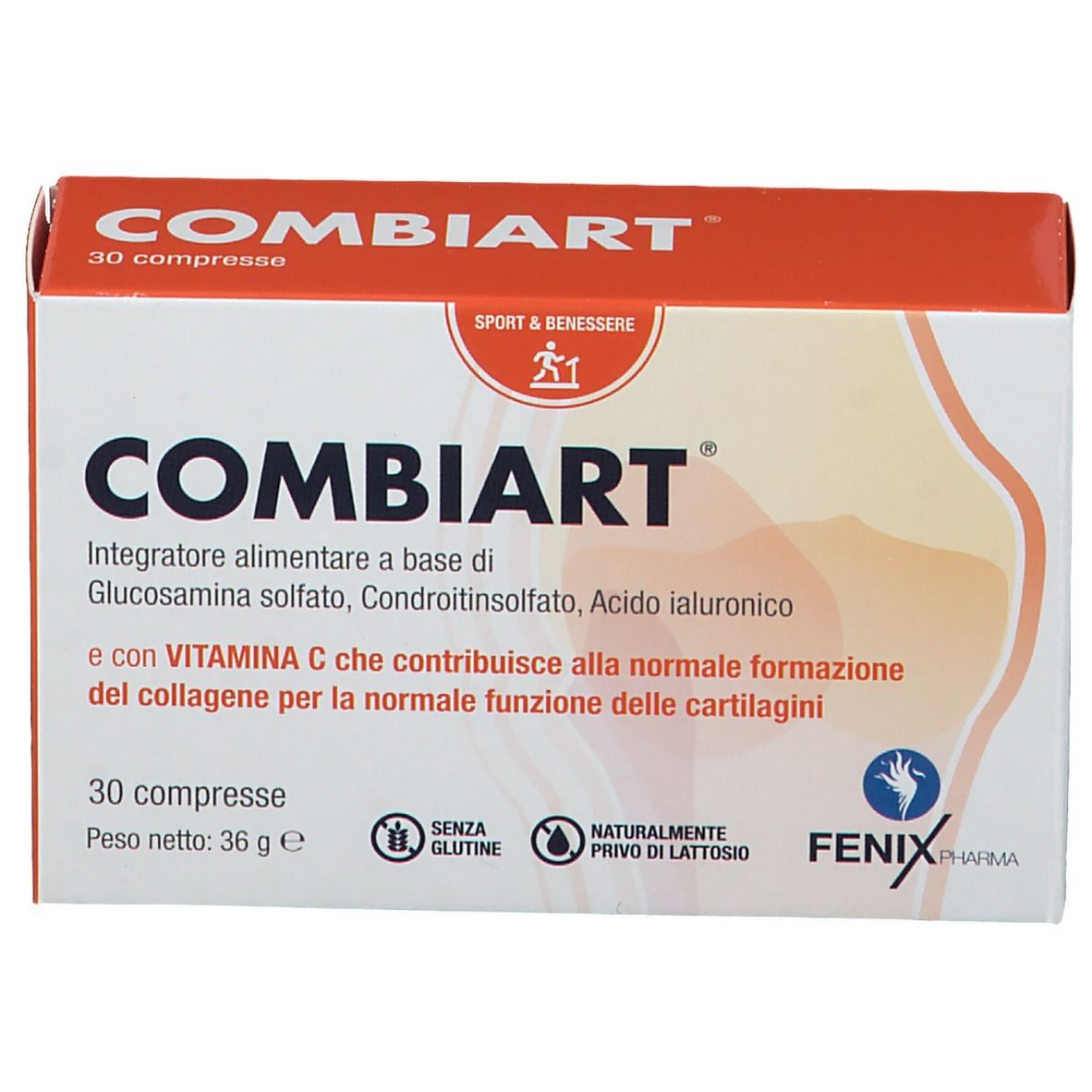 Scatola COMBIART. Confezione rossa e bianca. Contiene 30 compresse. Testo: 'Sport & Benessere'. Senza glutine e lattosio.