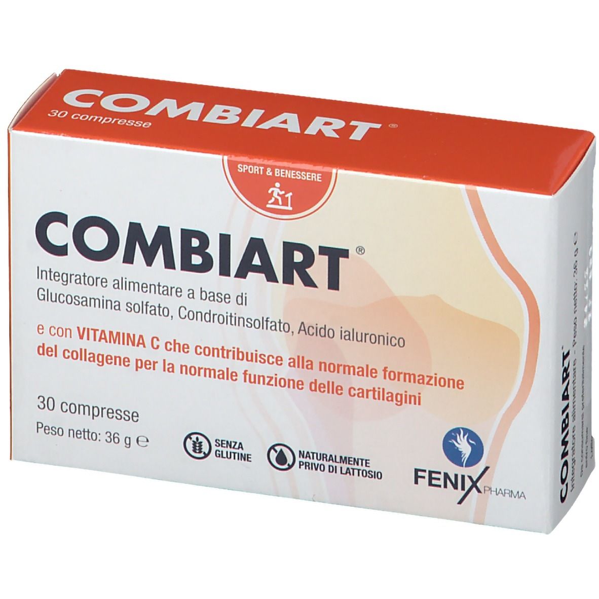 Scatola COMBIART. Confezione rossa e bianca. Contiene 30 compresse. Testo: 'Sport & Benessere'. Senza glutine e lattosio.