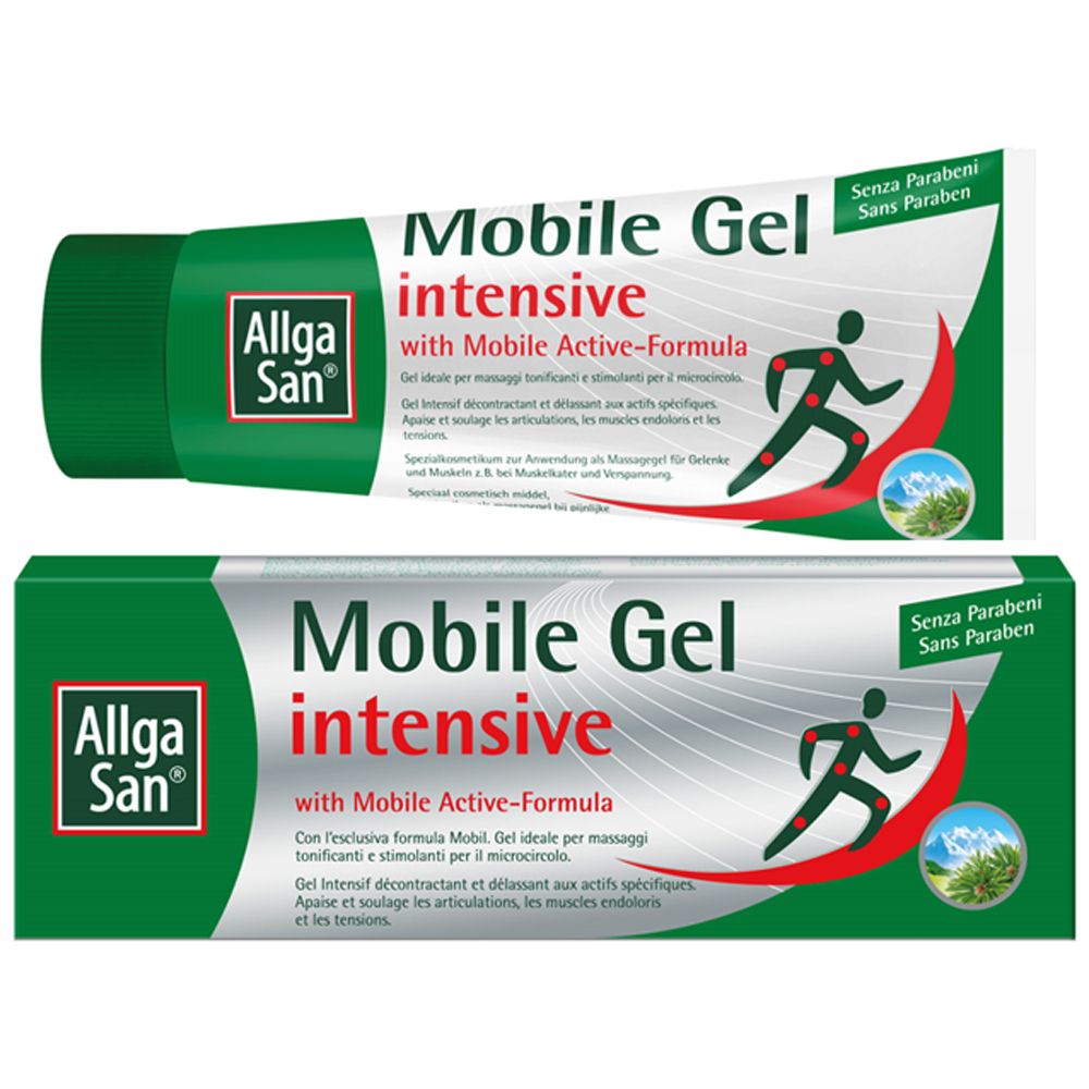 Tubo verde con testo bianco. Scritta: Mobile Gel intensive. Logo: Allga San. Contiene Mobile Active-Formula. Senza parabeni.