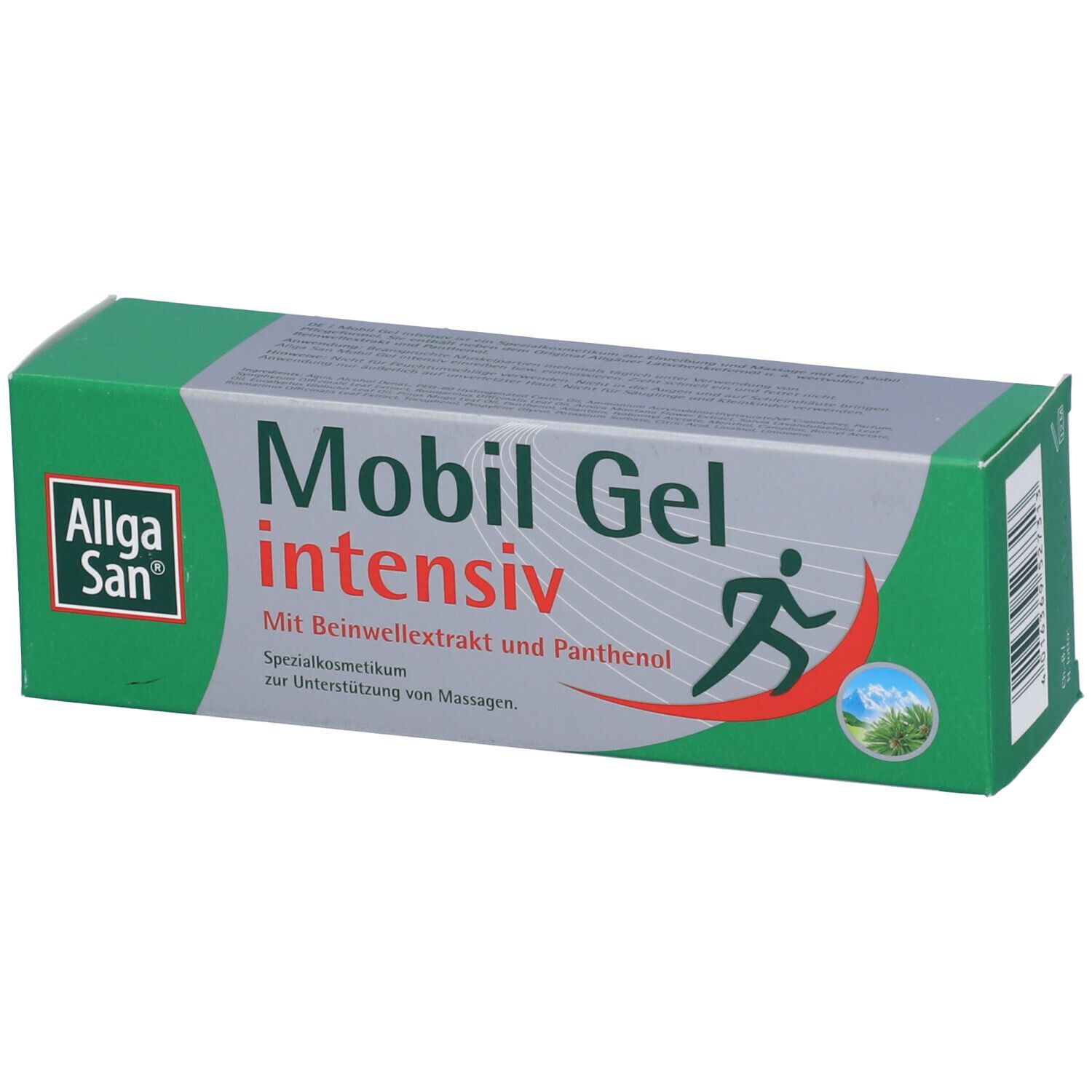 Scatola di Mobile Gel intensiv. Logo: Allga San. Contiene estratto di consolida e pantenolo. Confezione verde-grigia.