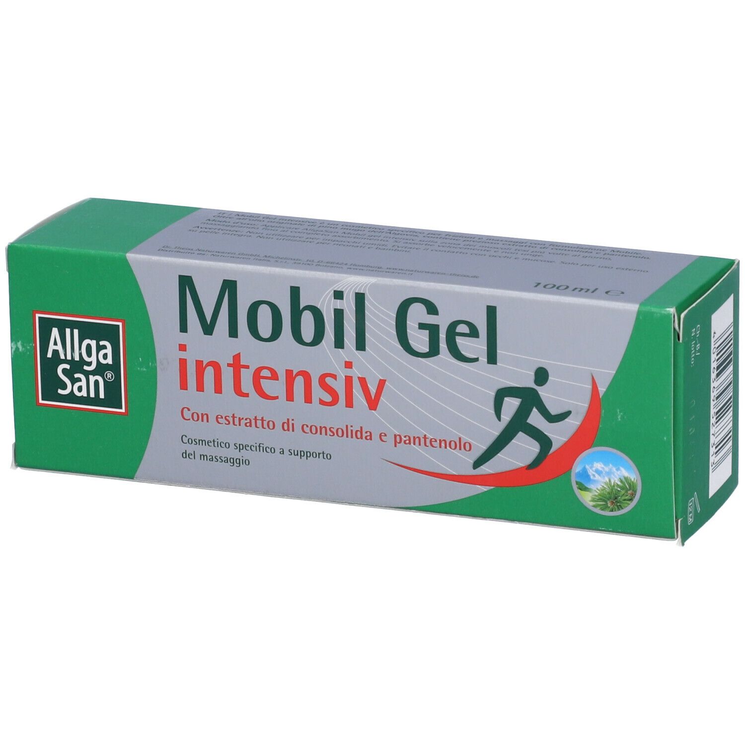 Scatola di Mobile Gel intensiv. Logo: Allga San. Testo: Con estratto di consolida e pantenolo. Confezione verde-grigia.