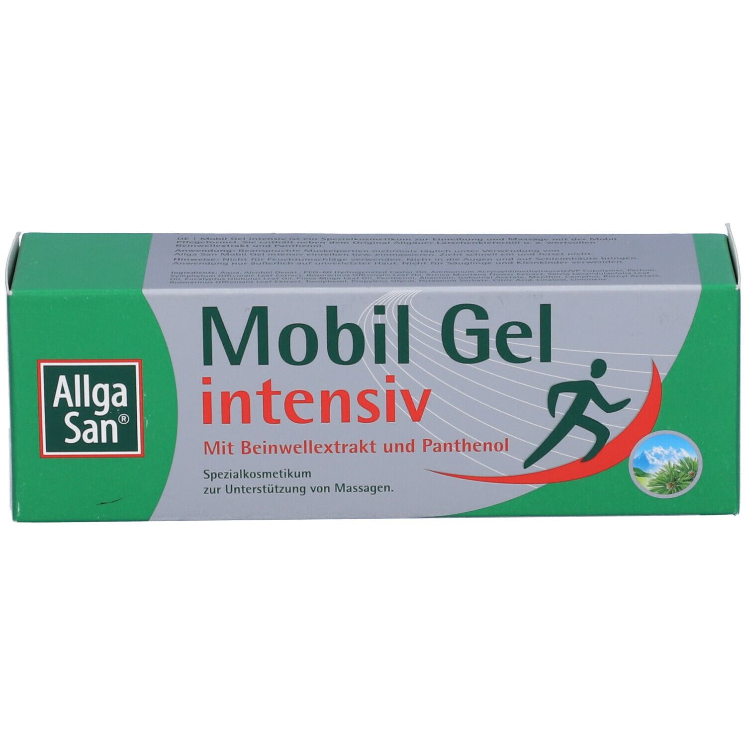 Scatola di Mobile Gel intensiv. Logo: Allga San. Testo: Con estratto di consolida e pantenolo. Confezione verde-grigia.