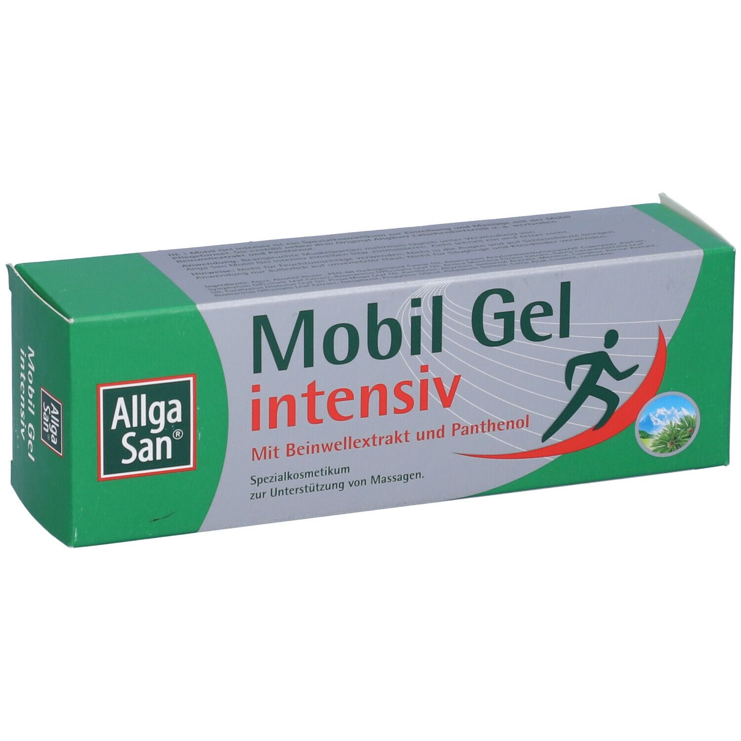 Scatola di Mobile Gel intensiv. Logo: Allga San. Testo: Con estratto di consolida e pantenolo. Confezione verde-grigia.