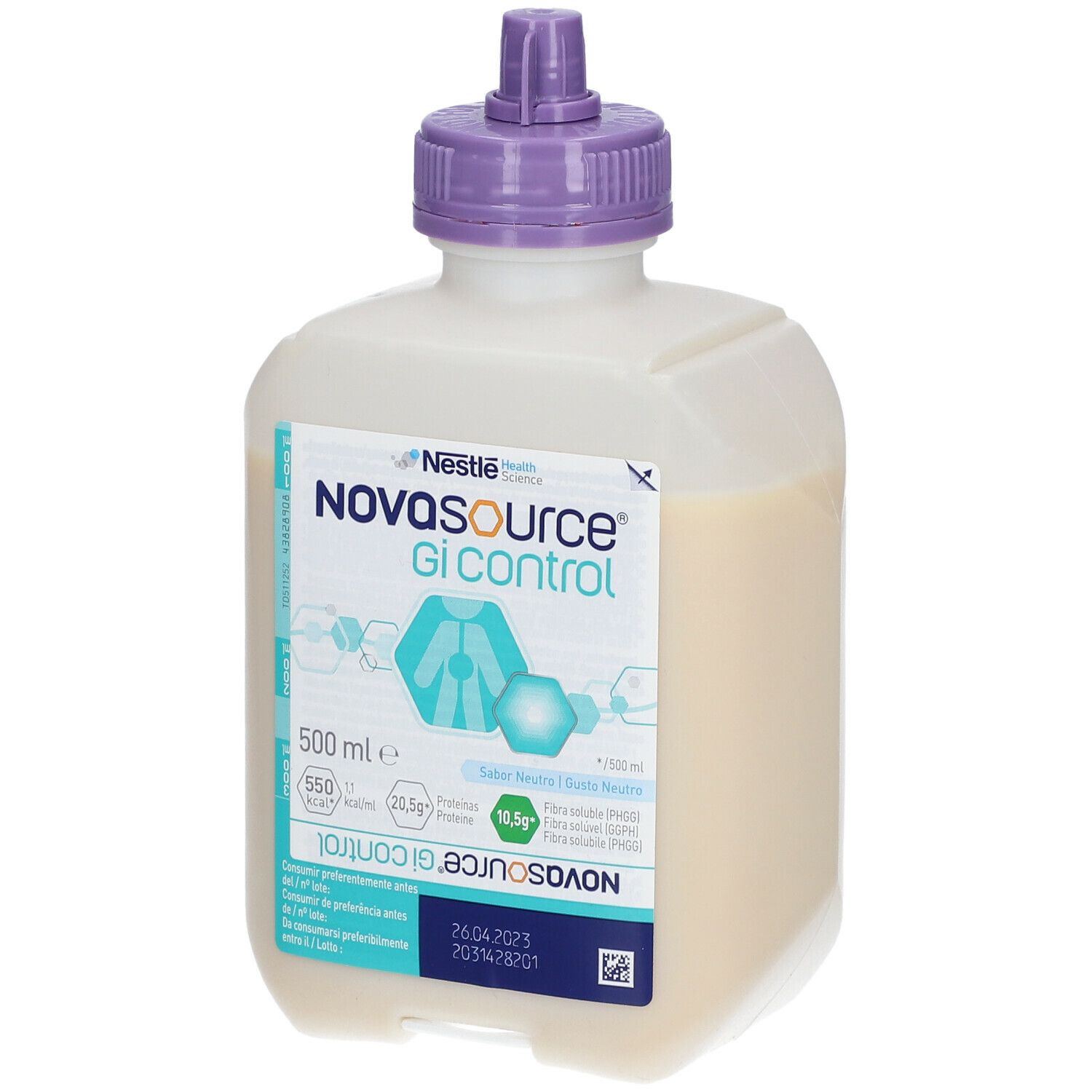Nestlé Novasource GI Control. Bottiglia con liquido. 500 ml. Tappo viola. Scritta: 550 kcal, 20,5g proteine, 10,5g fibre.