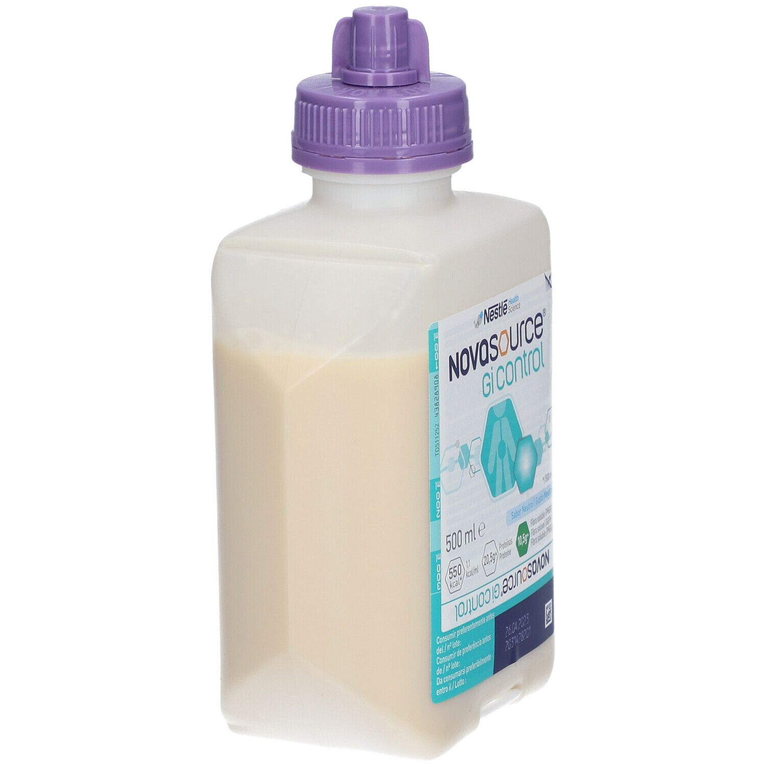 Nestlé Novasource GI Control. Bottiglia con liquido. 500 ml. Tappo viola. Prodotto parzialmente riempito.