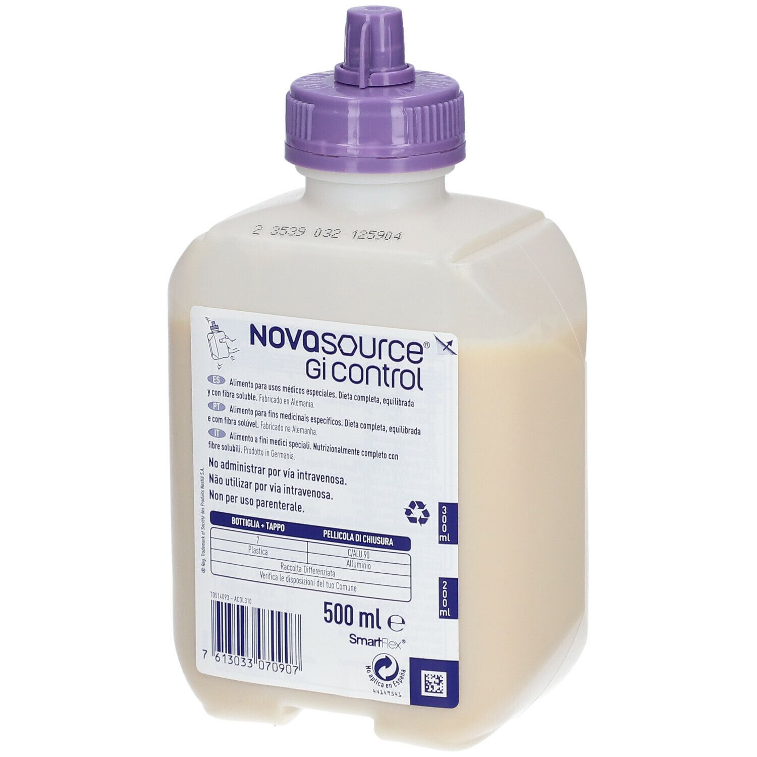 Nestlé Novasource GI Control. Bottiglia con liquido. 500 ml. Tappo viola. Testo sull'etichetta.