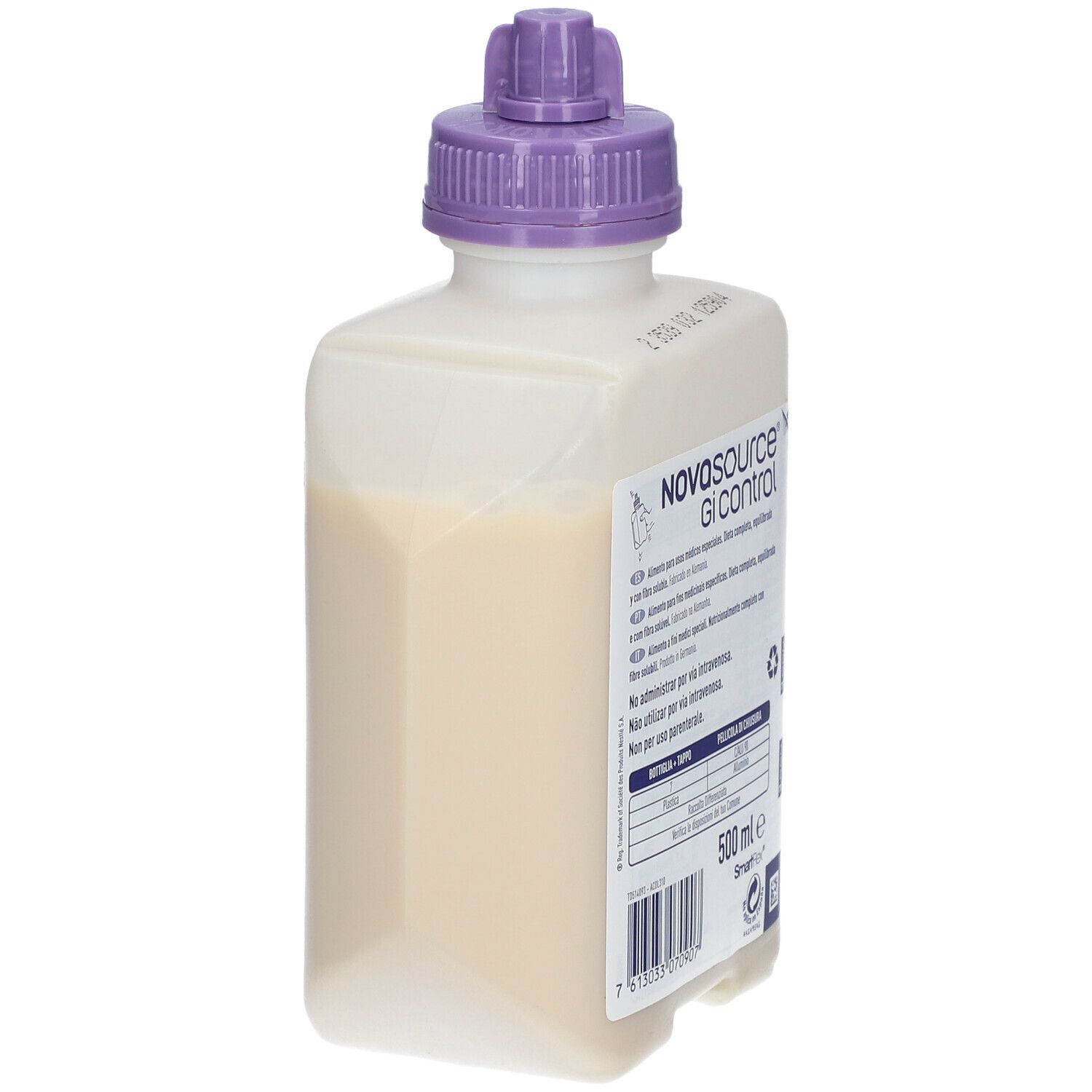 Nestlé Novasource GI Control. Bottiglia con liquido. 500 ml. Tappo viola. Prodotto parzialmente riempito.