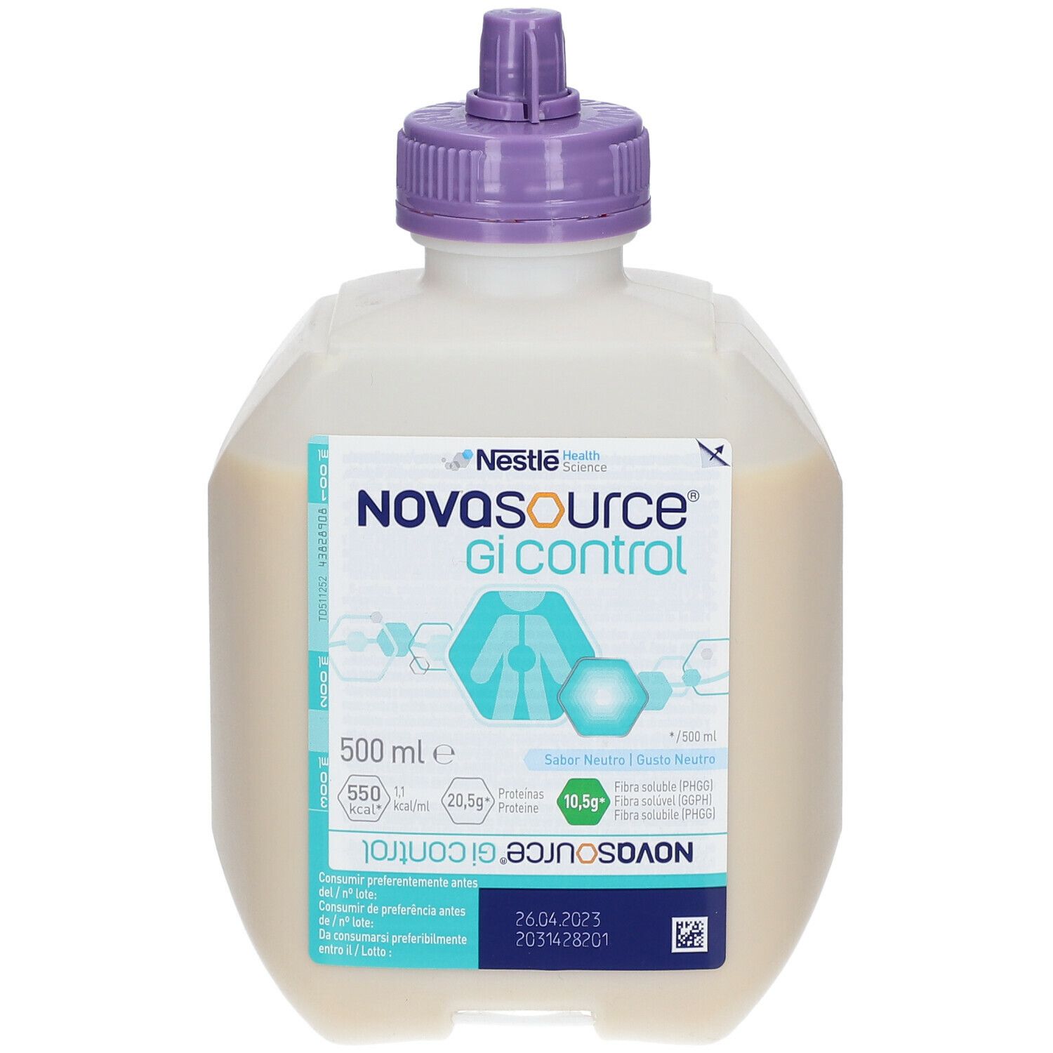 Nestlé Novasource GI Control. Bottiglia con liquido. 500 ml. Tappo viola. Scritta: 550 kcal, 20,5g proteine, 10,5g fibre.