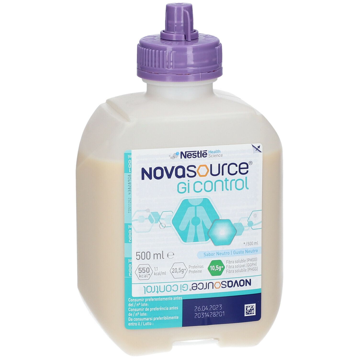 Nestlé Novasource GI Control. Bottiglia con liquido. 500 ml. Tappo viola. Scritta: 550 kcal, 20,5g proteine, 10,5g fibre.