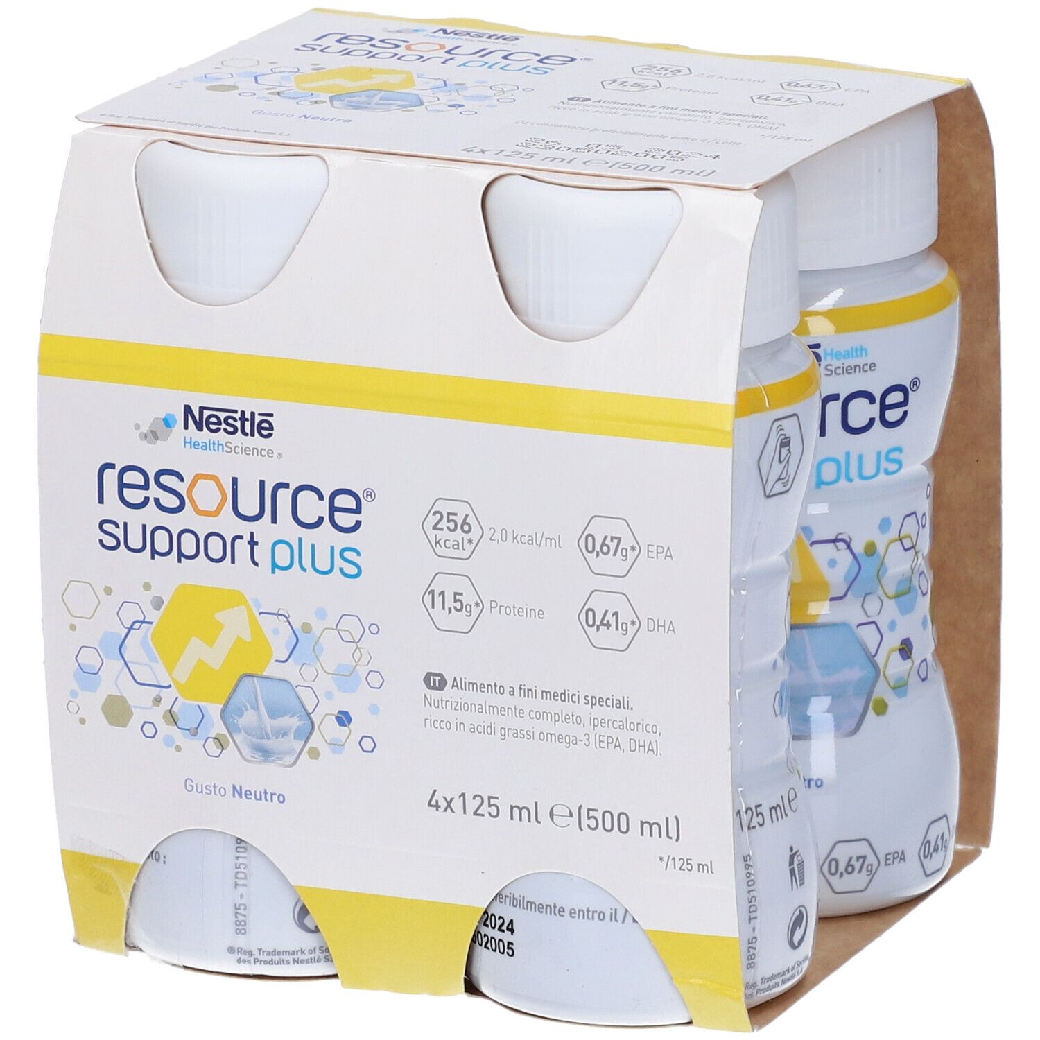 Confezione da quattro bottiglie Resource Support Plus. Ogni bottiglia da 125 ml. Gusto Neutro. Nestle Health Science.