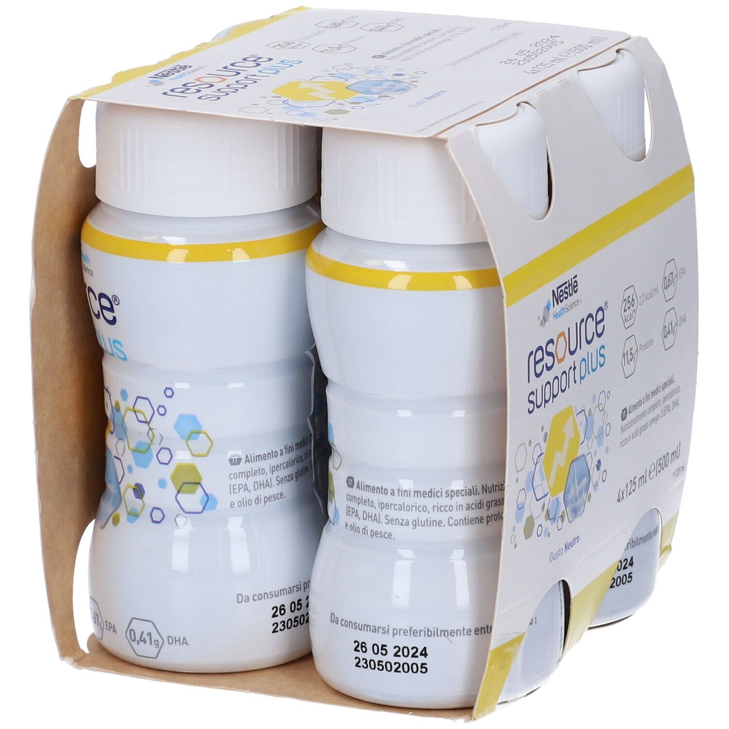 Confezione da due bottiglie Resource Support Plus. Ogni bottiglia da 125 ml. Gusto Neutro. Nestle Health Science.