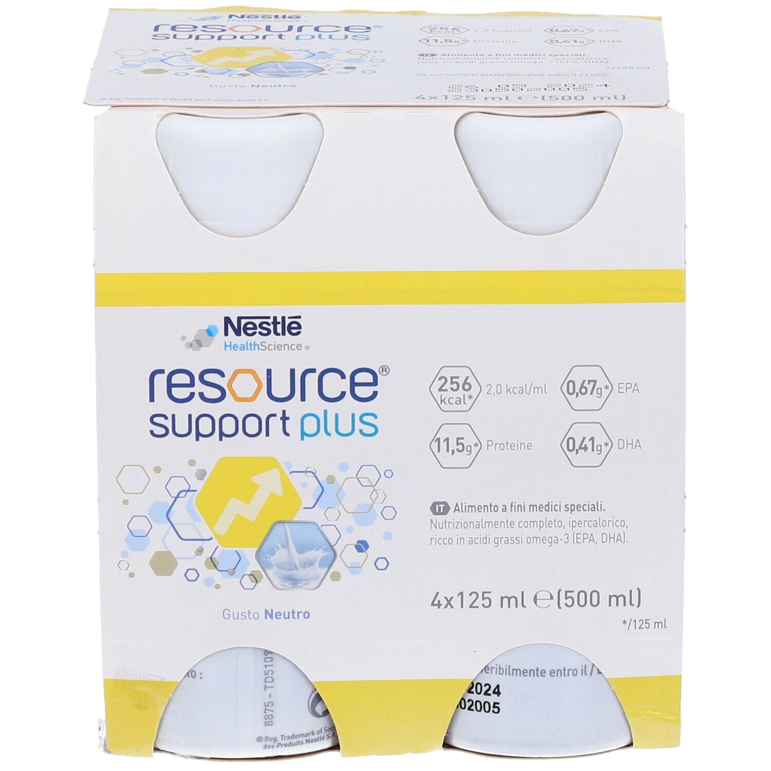 Vista frontale della confezione da quattro bottiglie Resource Support Plus. Ogni bottiglia da 125 ml. Gusto Neutro. Nestle Health Science.