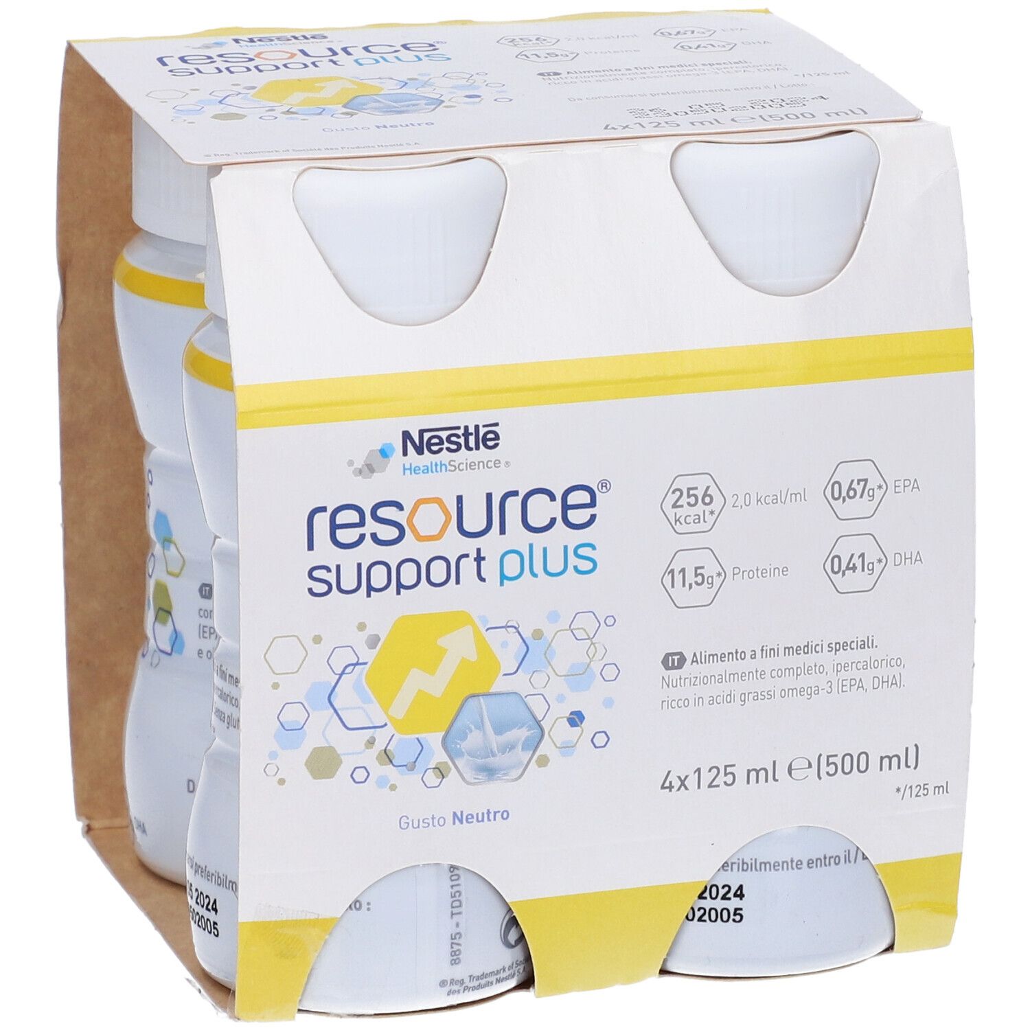 Confezione da quattro bottiglie Resource Support Plus. Ogni bottiglia da 125 ml. Gusto Neutro. Nestle Health Science.