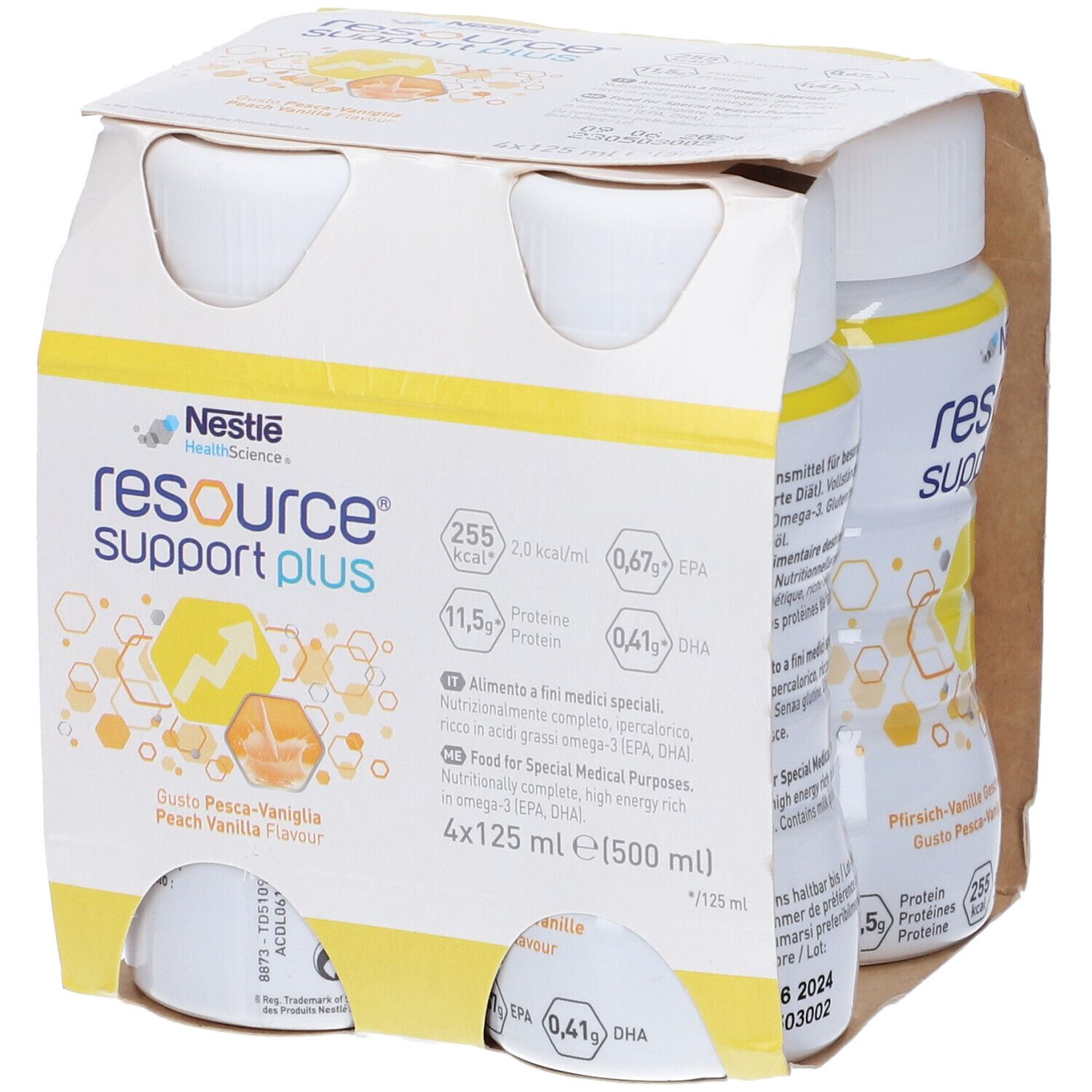 Confezione da quattro bottiglie. Scritta: Resource Support Plus, gusto pesca-vaniglia. Contiene informazioni nutrizionali.