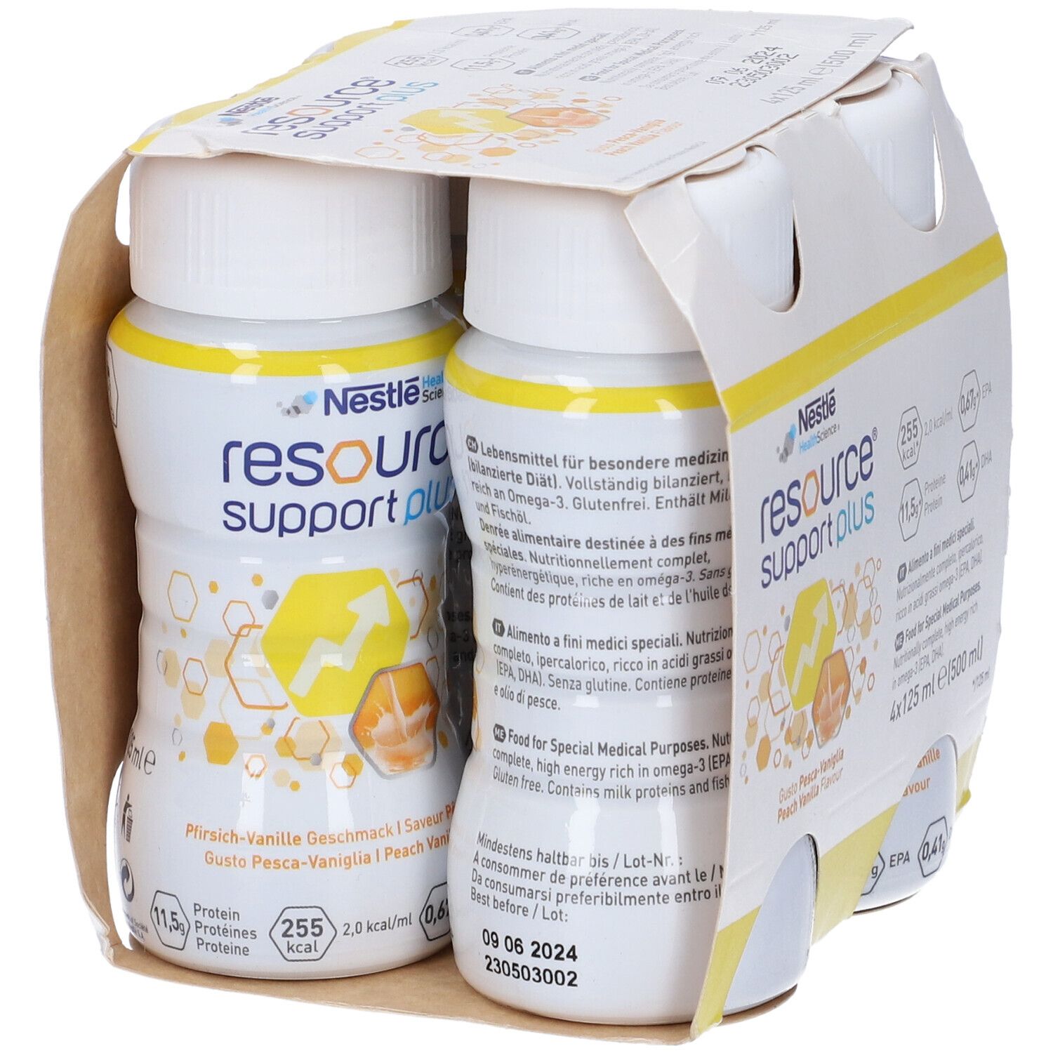 Confezione da quattro bottiglie. Scritta: Resource Support Plus, gusto pesca-vaniglia. Contiene informazioni nutrizionali e data di scadenza.