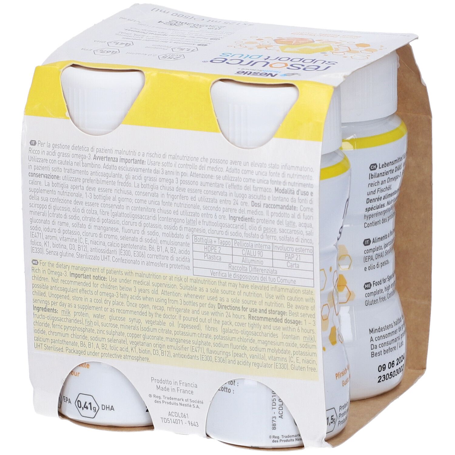 Retro della confezione da quattro bottiglie. Testo: informazioni nutrizionali, ingredienti, istruzioni per l'uso. Contiene informazioni multilingue.