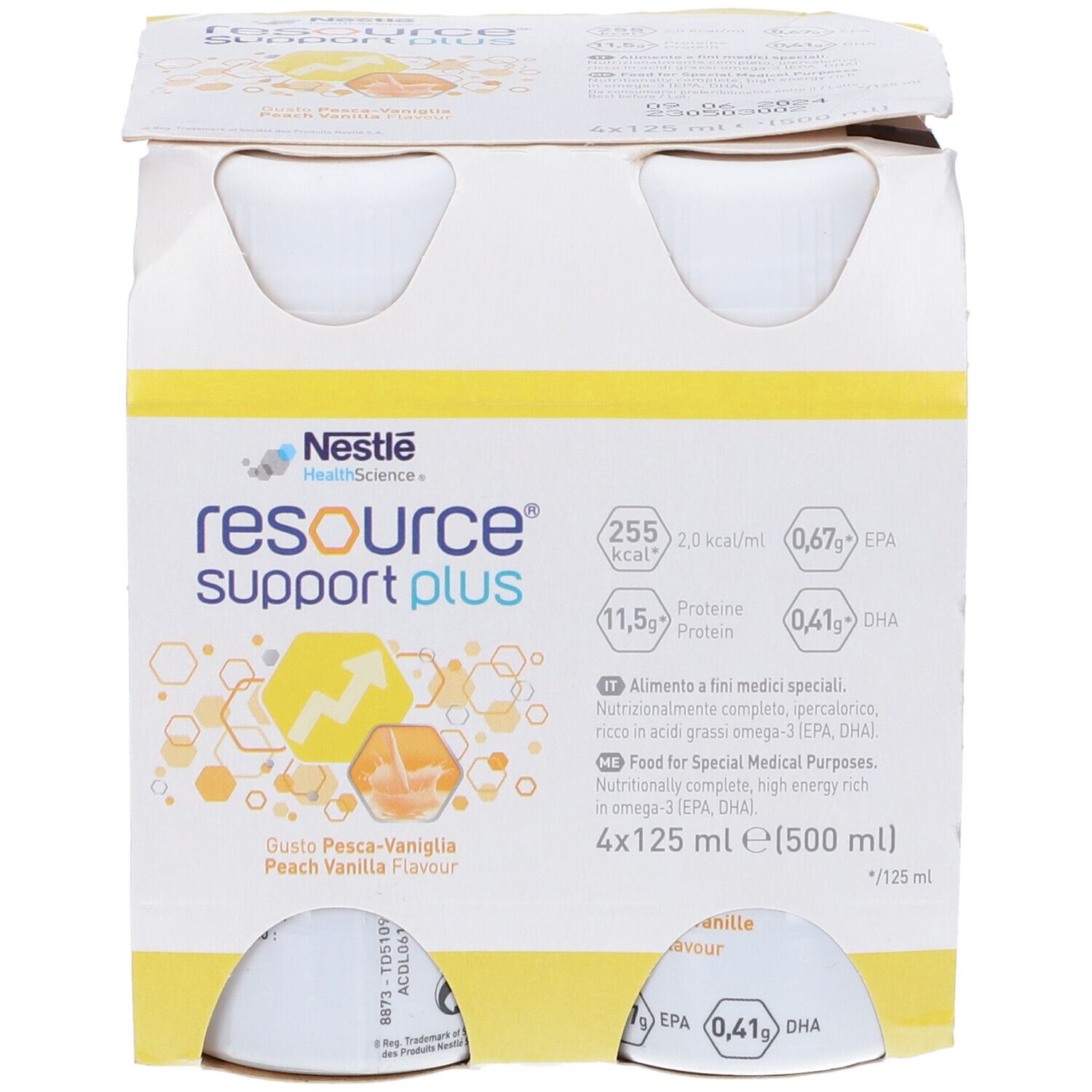 Confezione da quattro bottiglie. Scritta: Resource Support Plus, gusto pesca-vaniglia. Contiene informazioni nutrizionali e volume.