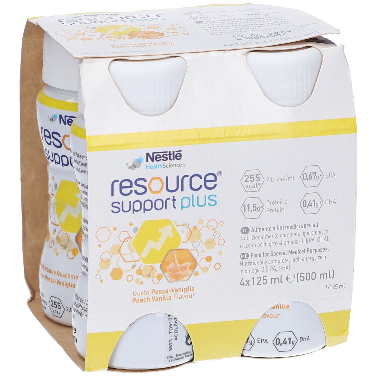Confezione da quattro bottiglie. Scritta: Resource Support Plus, gusto pesca-vaniglia. Contiene informazioni nutrizionali e volume.