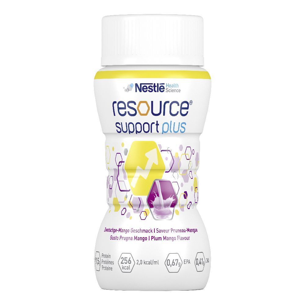 Singola bottiglia di Resource Support Plus. Bottiglia bianca con dettagli gialli e viola. Contiene informazioni nutrizionali.