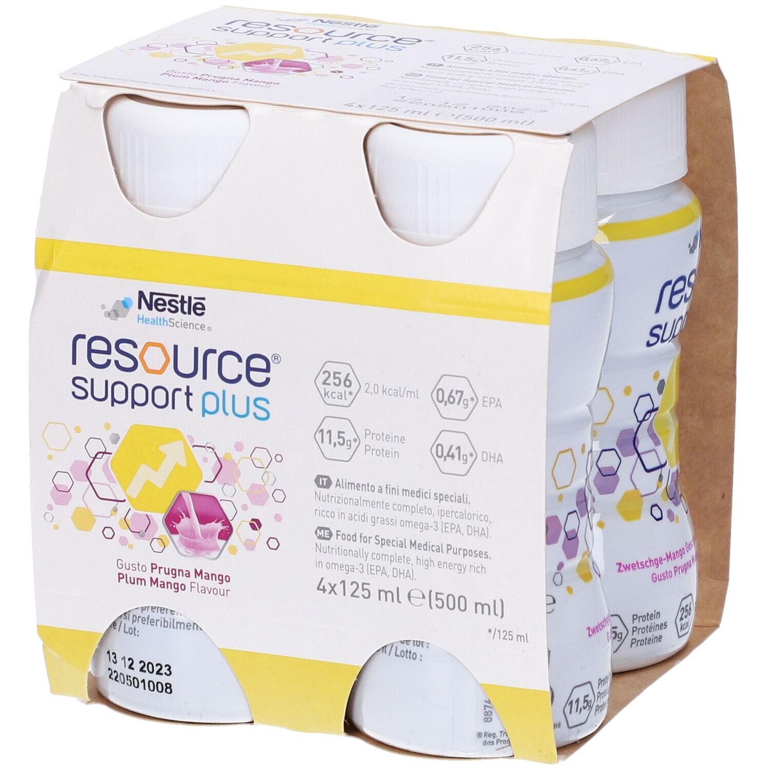 Confezione da quattro bottiglie di Resource Support Plus. Confezione in cartone con informazioni sul prodotto e valori nutrizionali.