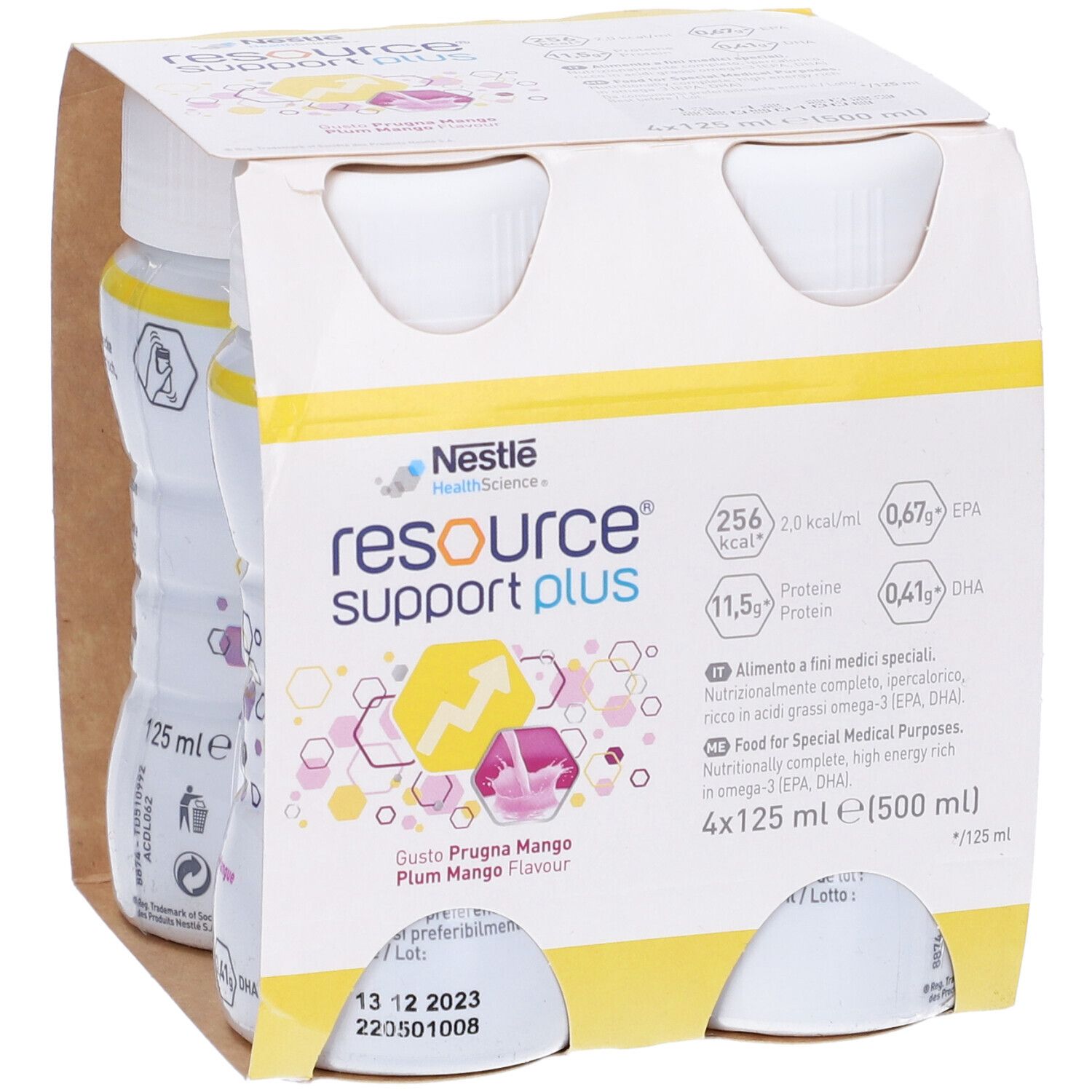 Confezione da quattro bottiglie di Resource Support Plus. Confezione in cartone con informazioni sul prodotto e valori nutrizionali.