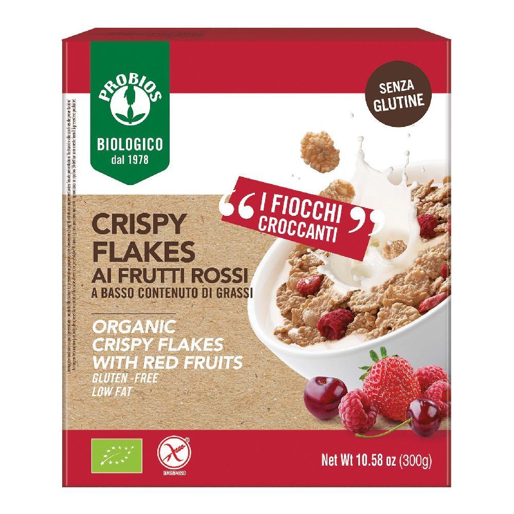 Confezione di "Crispy Flakes Ai Frutti Rossi". Fiocchi biologici senza glutine e a basso contenuto di grassi con frutti rossi. Marca: Probios.