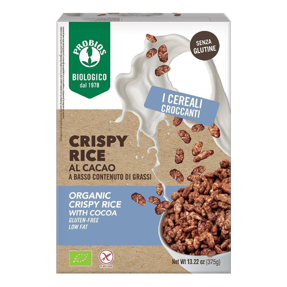 Confezione di Crispy Rice Al Cacao. Scritta: Organic Crispy Rice with Cocoa, senza glutine, a basso contenuto di grassi. Contiene il marchio biologico e il simbolo senza glutine.