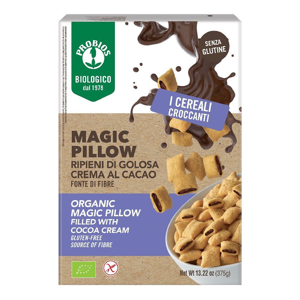 Confezione di Magic Pillow, ripieni di crema al cacao. Contiene cereali senza glutine. Scritta: "Fonte di fibre".
