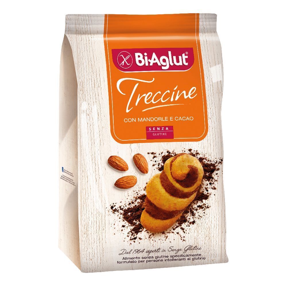 Confezione di Biaglut Treccine con Mandorla e Cacao senza glutine. Visibili biscotti, mandorle e cacao in polvere.