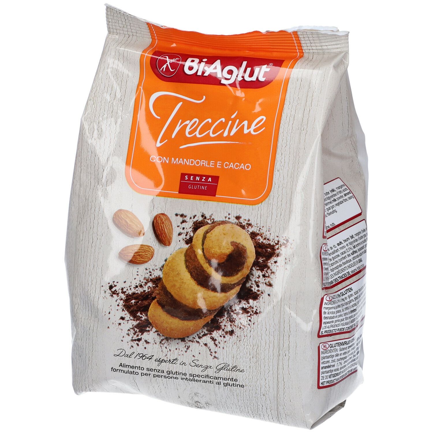 Confezione di Biaglut Treccine con Mandorla e Cacao senza glutine. Visibili biscotti, mandorle e cacao in polvere.