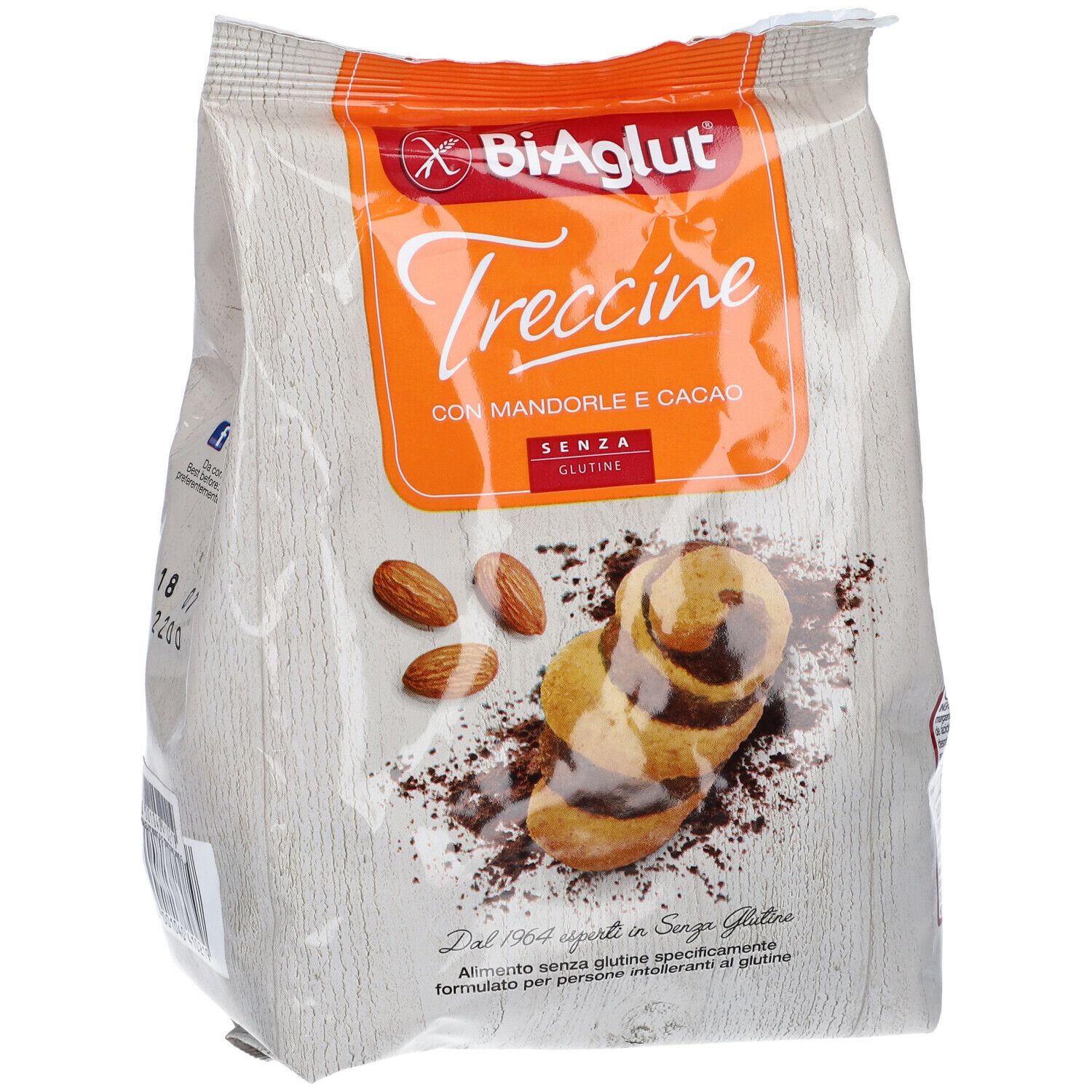 Confezione di Biaglut Treccine con Mandorla e Cacao senza glutine. Visibili biscotti, mandorle e cacao in polvere.