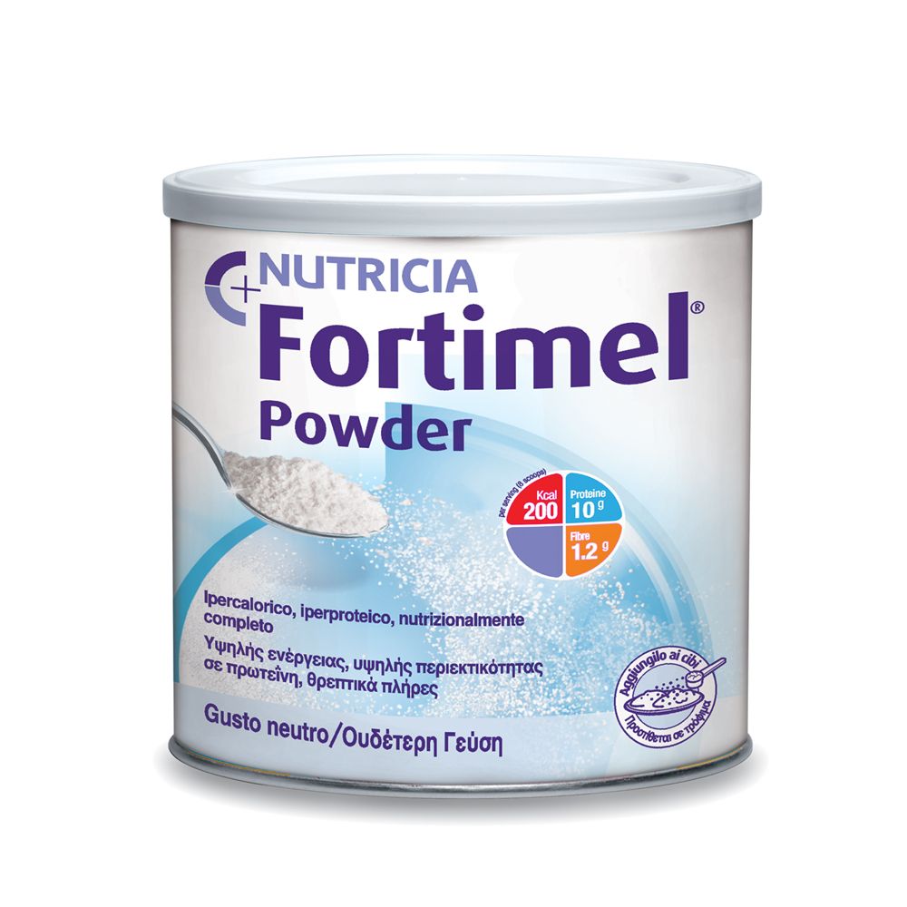 Barattolo di polvere Fortimel bianca. Scritta: Nutricia, Fortimel Powder, kcal 200, Proteine 10g, Fibre 1,2g. Gusto neutro.