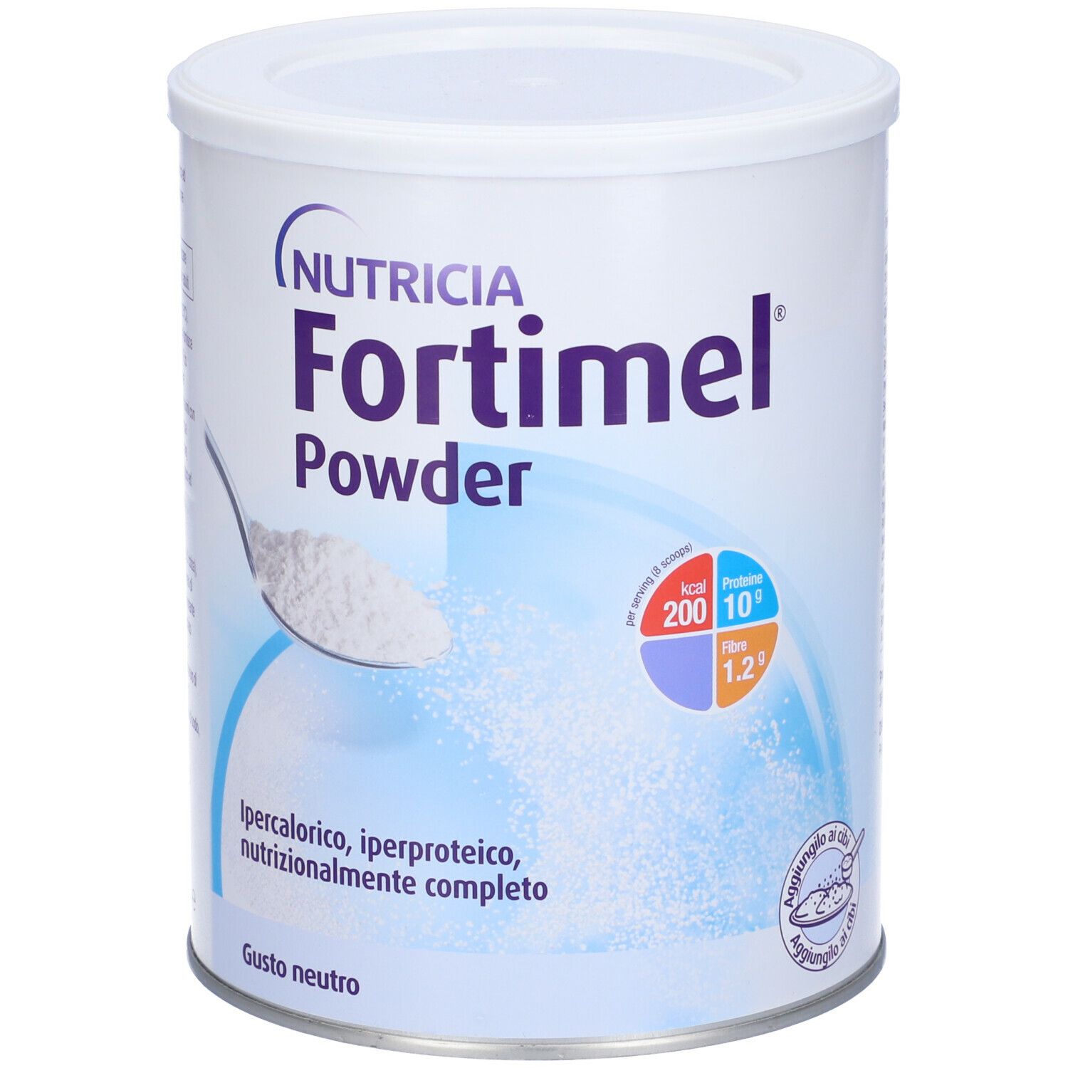 Barattolo di polvere Fortimel bianca. Scritta: Nutricia, Fortimel Powder, kcal 200, Proteine 10g, Fibre 1,2g. Gusto neutro.