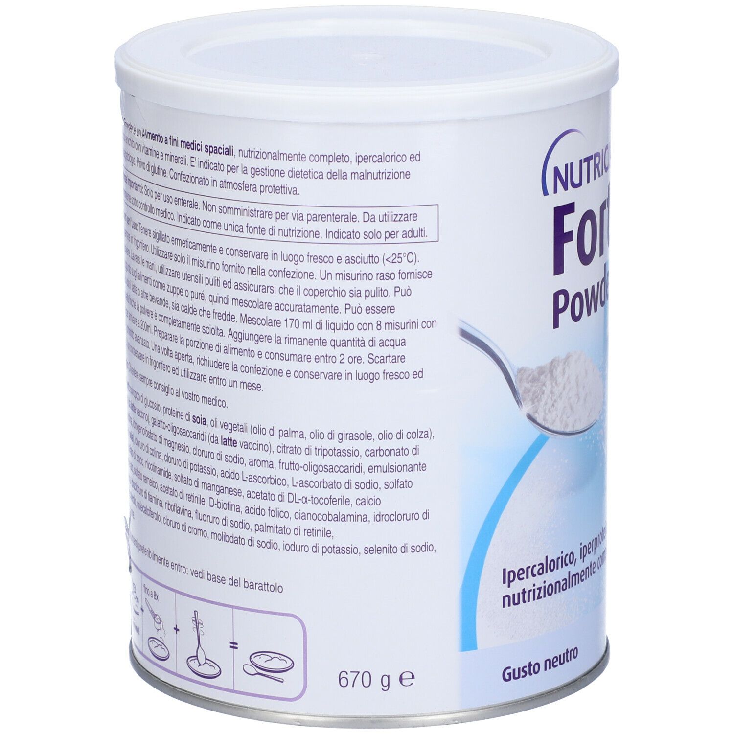 Barattolo Fortimel Powder, retro con testo. Contiene informazioni su ingredienti, uso e valori nutrizionali. 670g.