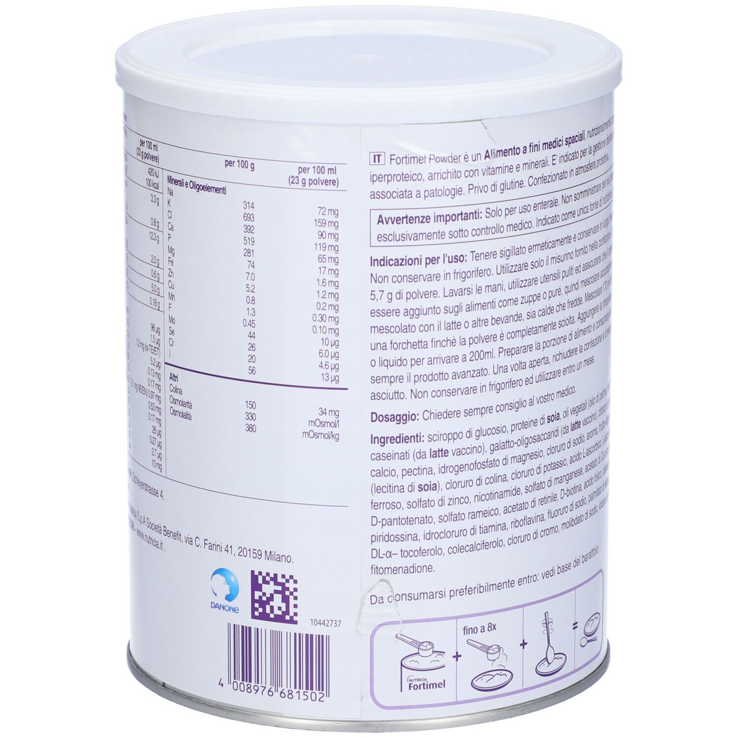 Barattolo Fortimel Powder, retro con testo. Contiene informazioni su ingredienti, uso e valori nutrizionali. 670g.