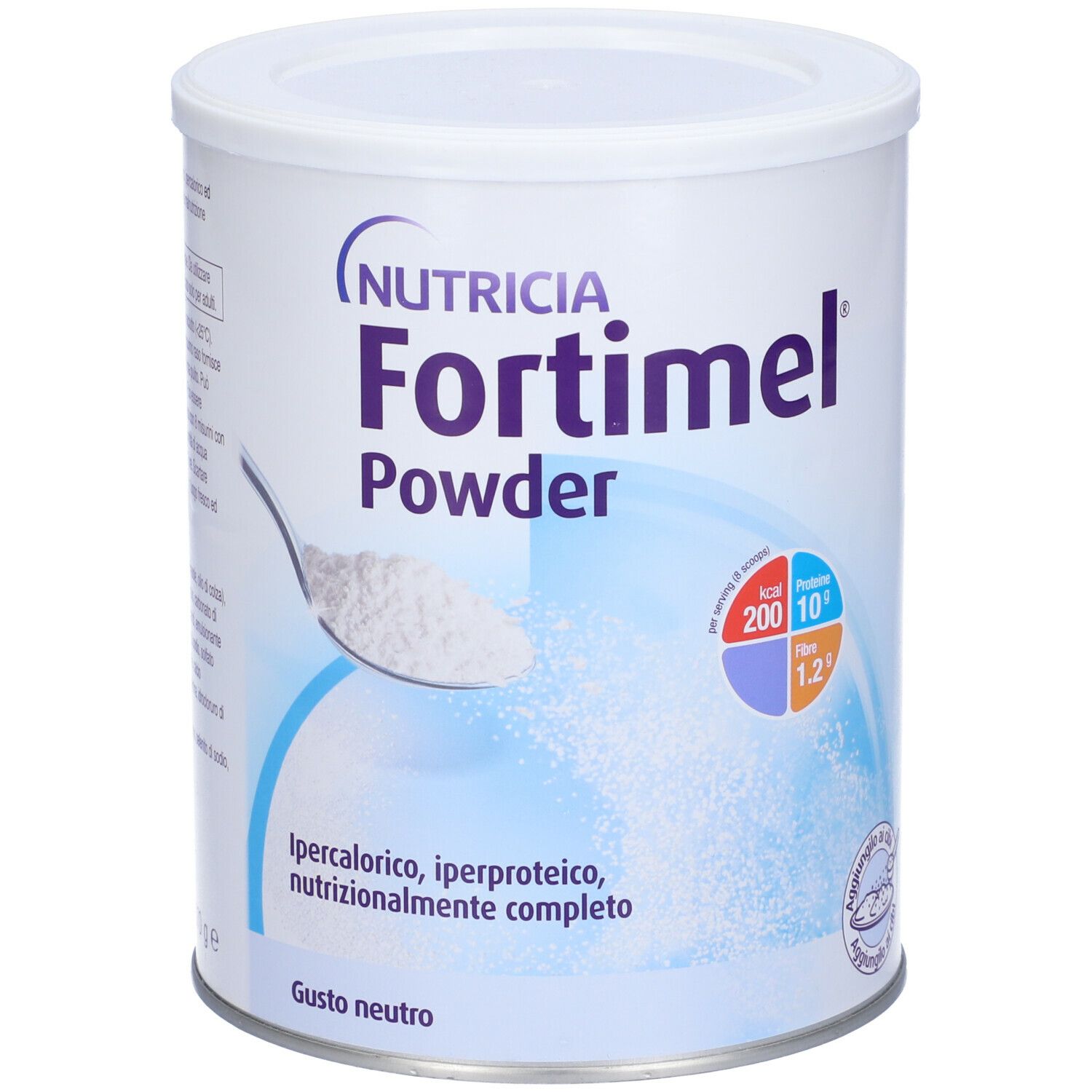 Barattolo di polvere Fortimel bianca. Scritta: Nutricia, Fortimel Powder, kcal 200, Proteine 10g, Fibre 1,2g. Gusto neutro.