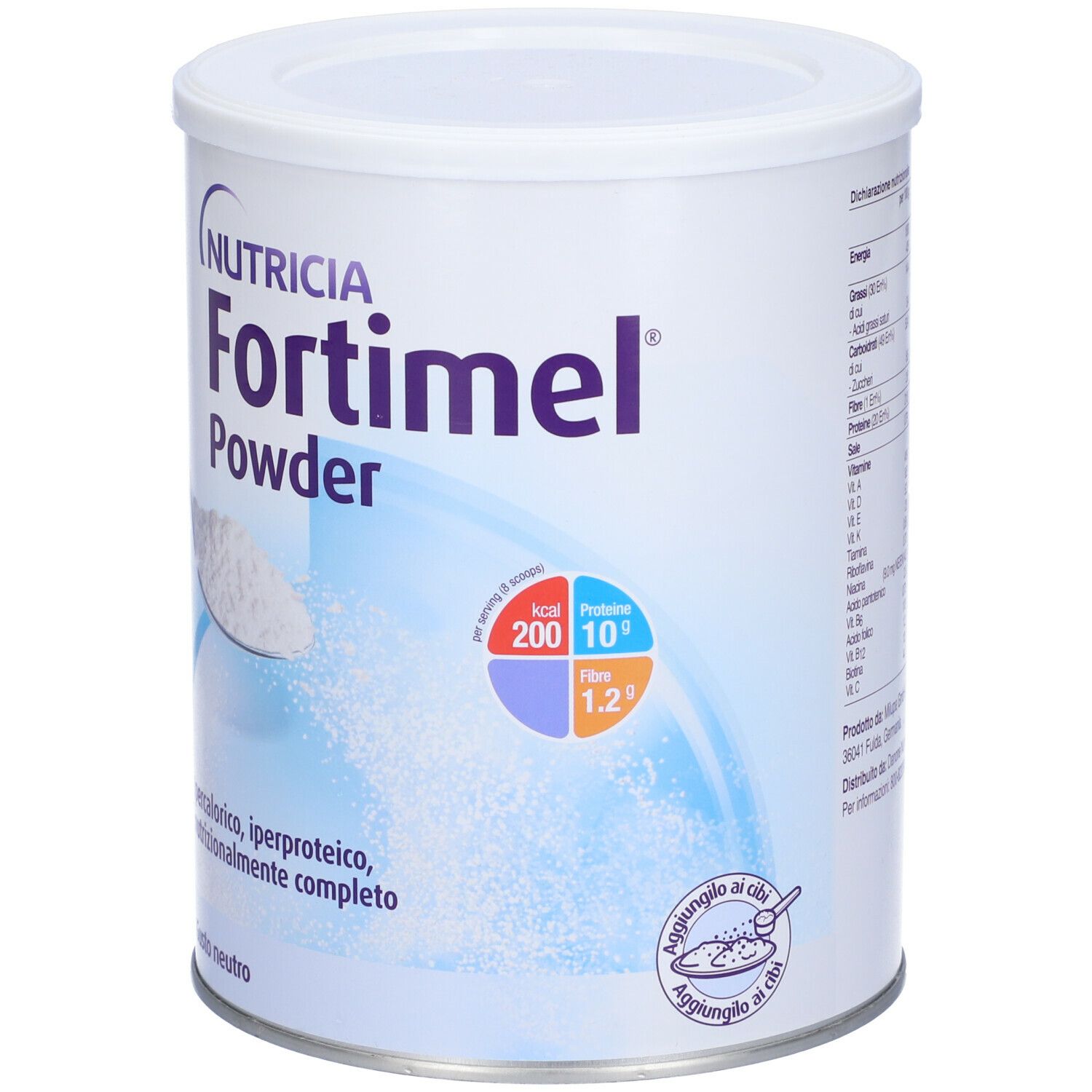Barattolo di polvere Fortimel bianca. Scritta: Nutricia, Fortimel Powder, kcal 200, Proteine 10g, Fibre 1,2g. Gusto neutro.