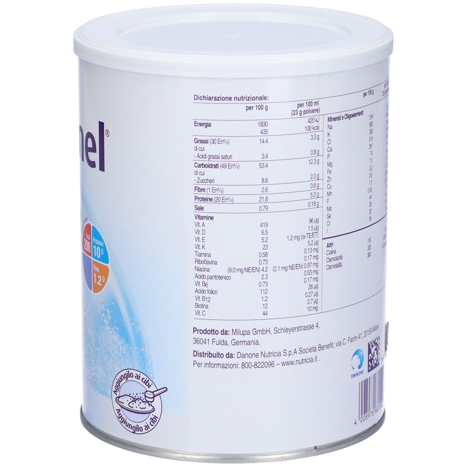 Retro del barattolo con informazioni nutrizionali e del produttore. Contiene valori kcal, proteine, fibre.