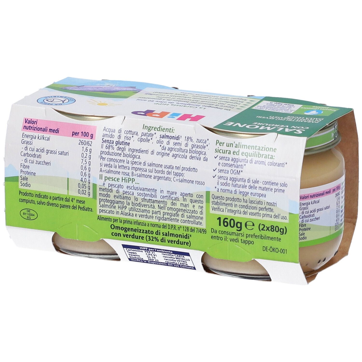 Hipp Omogen, 2 Gläser, Lachs mit Gemüse. Verpackung mit Nährwertangaben und Zutatenliste. 160g.