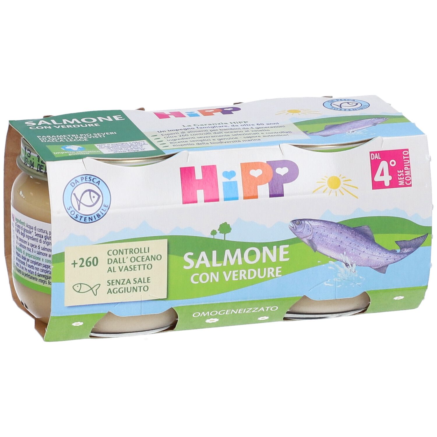 Hipp Omogen, 3 Gläser, Lachs mit Gemüse. Verpackung mit Produktnamen und Fisch-Illustration. Zertifizierung.