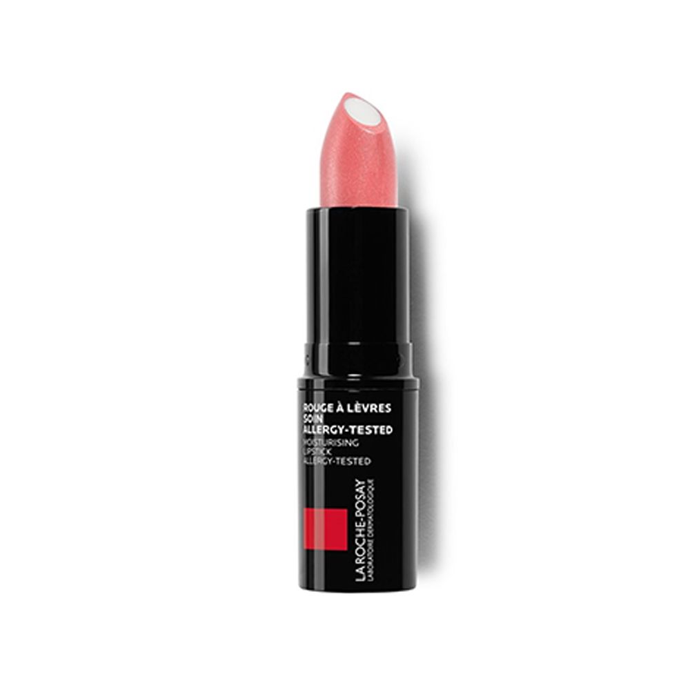 Rouge à lèvres noir avec embout rose. Inscriptions: Rouge à Lèvres, Allergy-Tested, La Roche-Posay.
