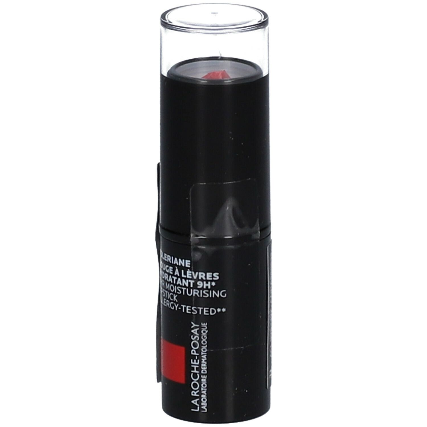 Rouge à lèvres noir avec capuchon transparent. Inscriptions: Toleriane, Rouge à Lèvres, 9H Moisture, Allergy-Tested, La Roche-Posay.