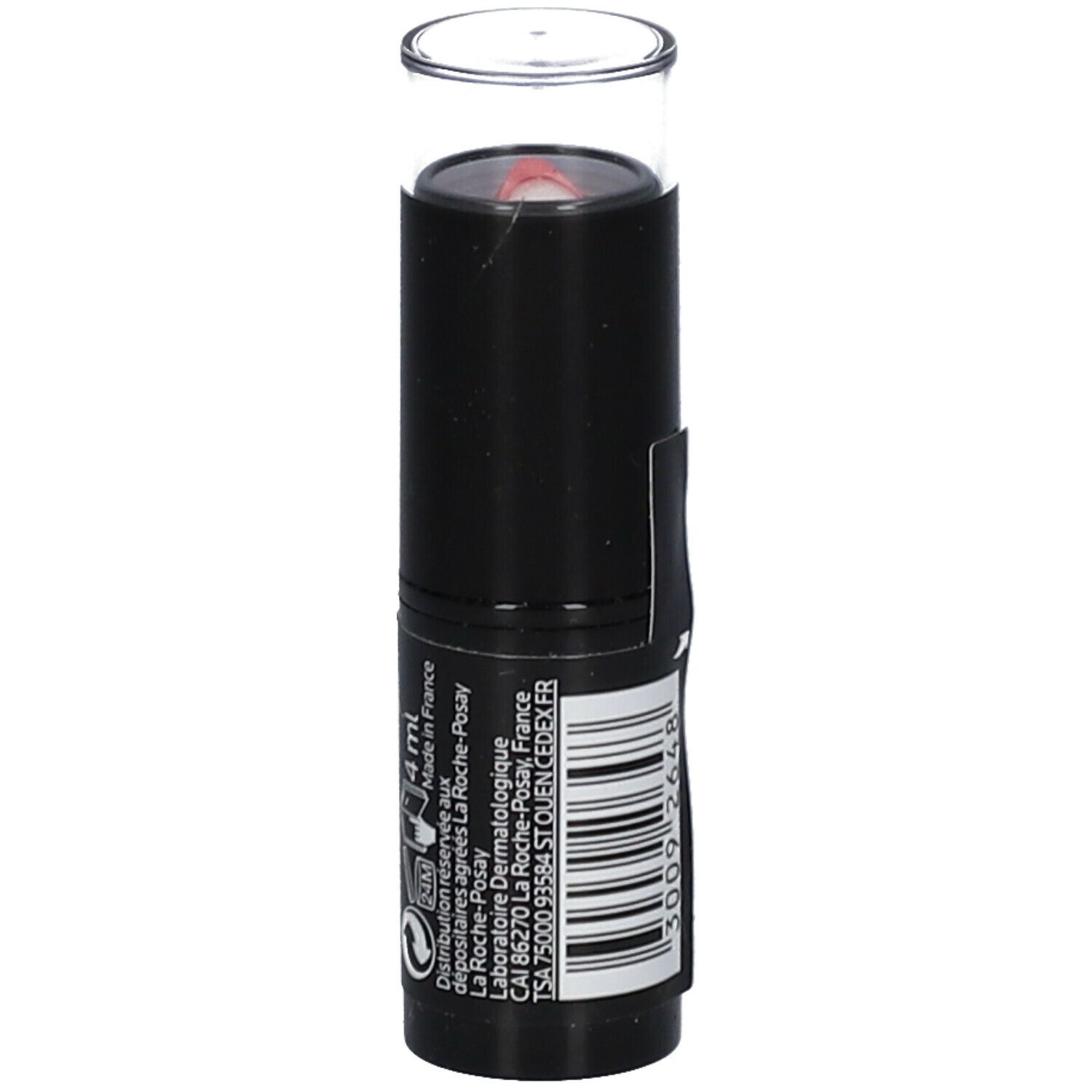 Rouge à lèvres noir avec capuchon transparent. Inscriptions: Toleriane, Rouge à Lèvres, 9H Moisture, Allergy-Tested, La Roche-Posay. Détails.